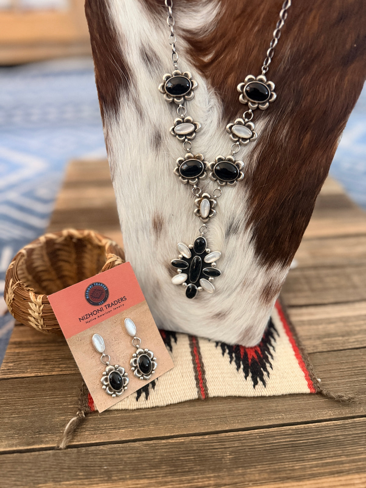 Handcrafted Onyx, Mother of Pearl & Sterling Silver Cluster Necklace and Earring Set by Larry Kaye