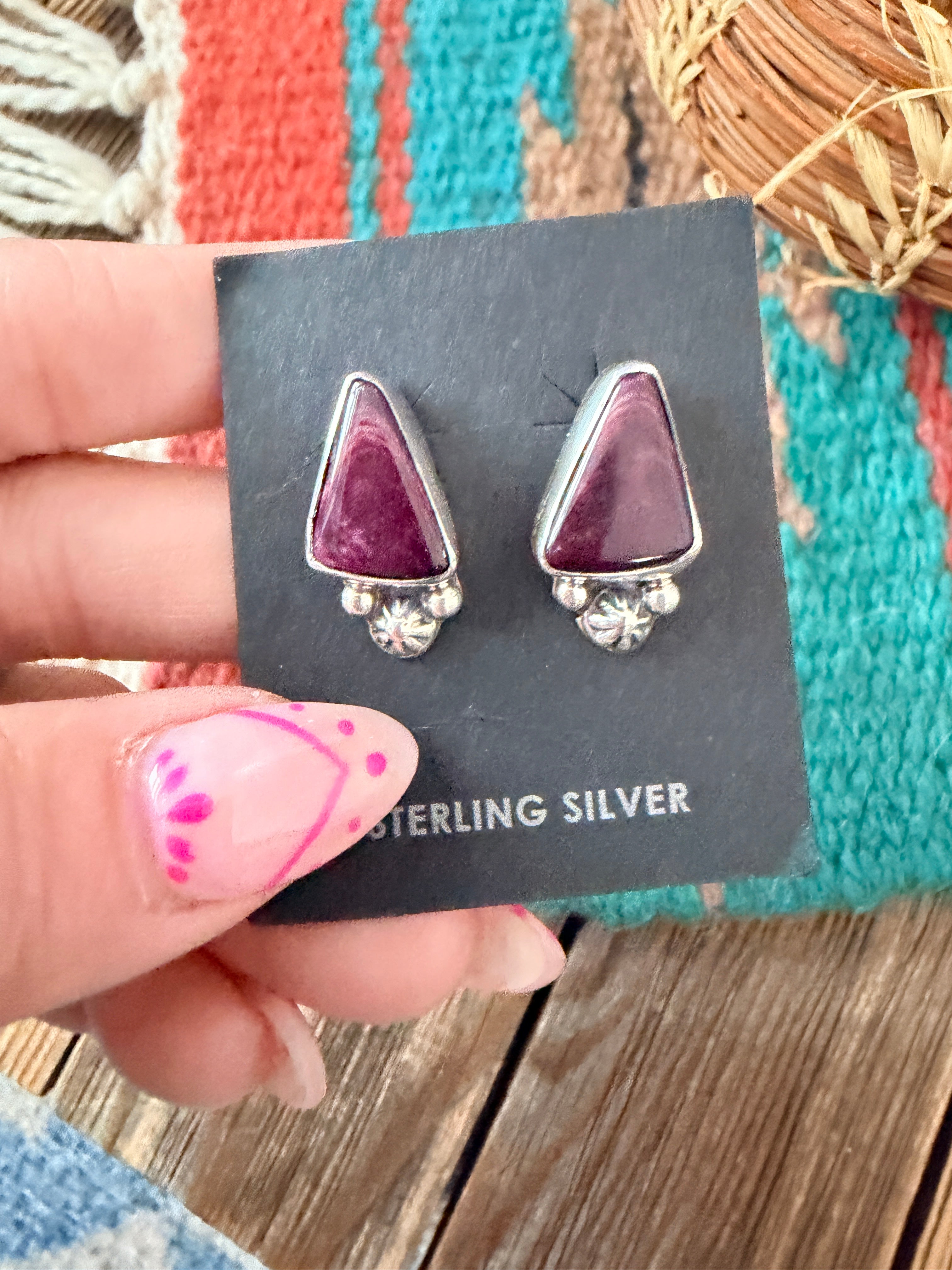 Handcrafted Purple Spiny & Sterling Silver Stud Earrings