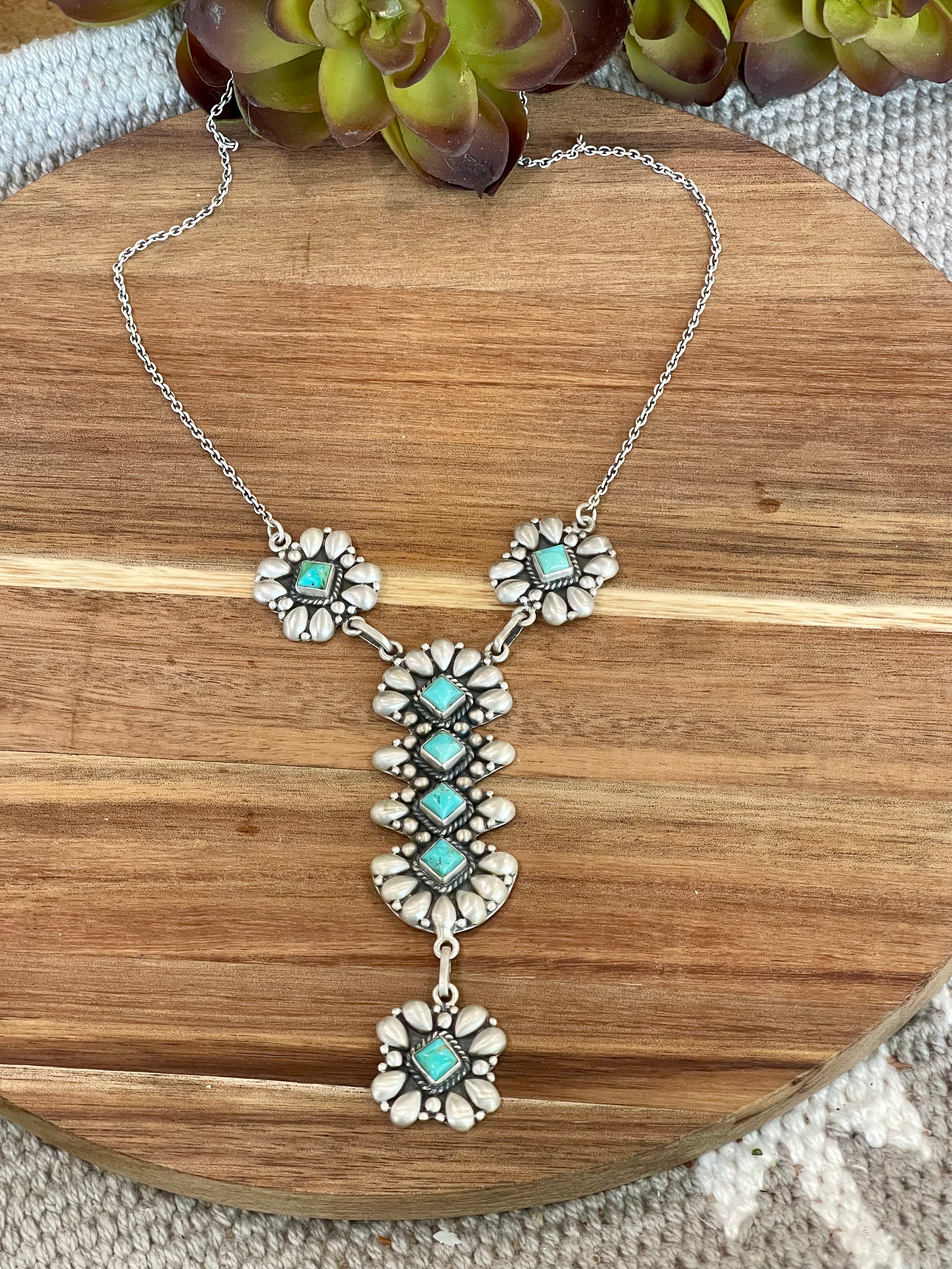 Handmade Turquoise & Sterling Silver Lariat Necklace Signed Nizhoni