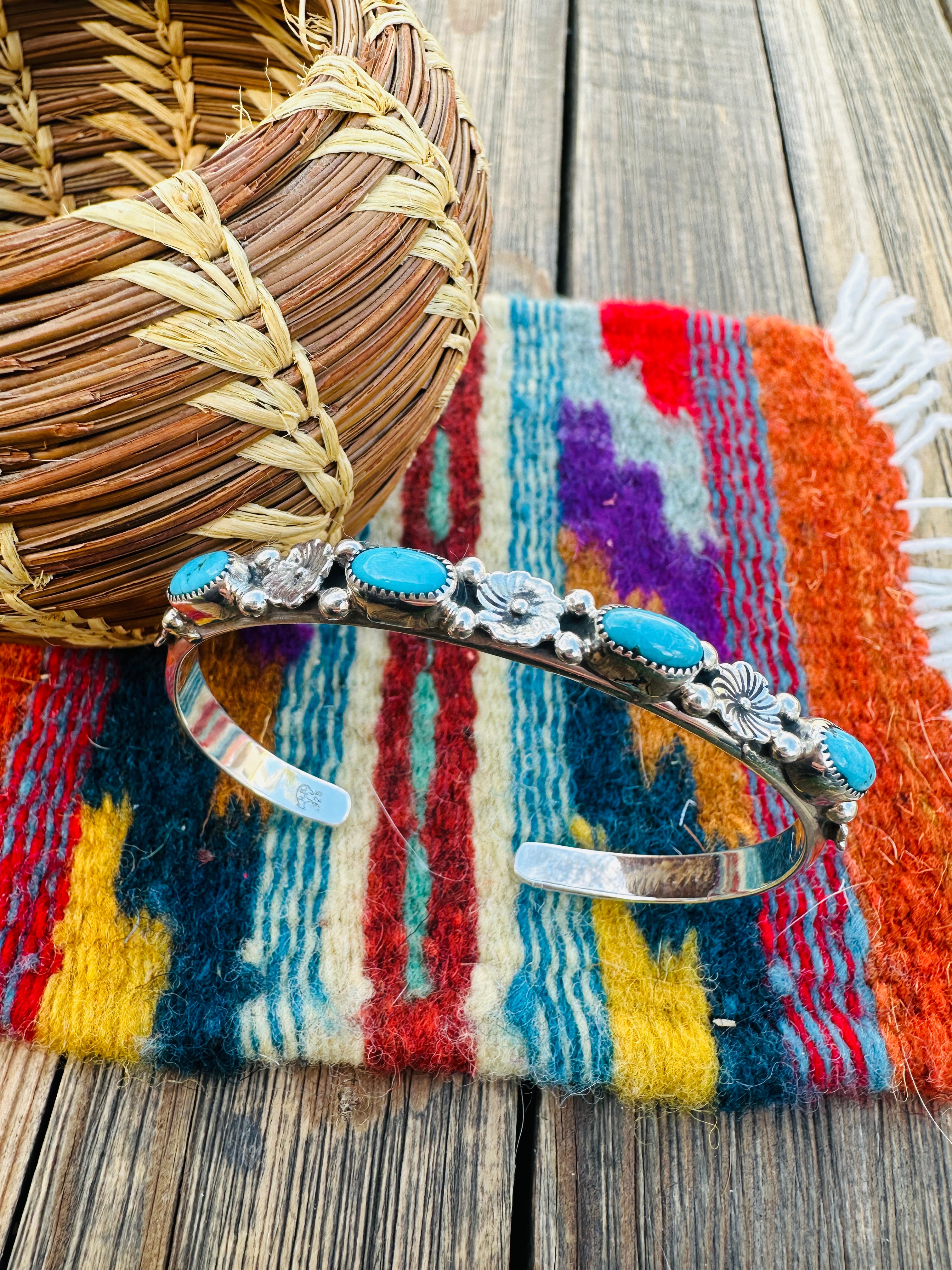 Handcrafted Turquoise & Sterling Silver Flower Stacker Cuff Bracelet