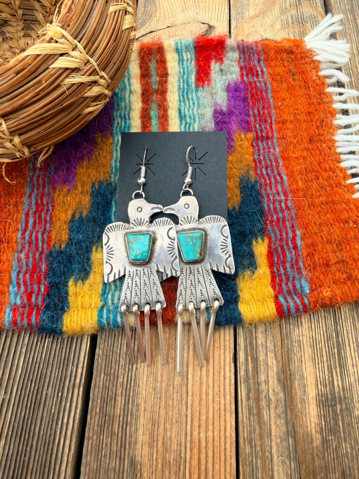 Handcrafted Sterling Silver & Turquoise Thunderbird Dangle Earrings by Vernon Begay