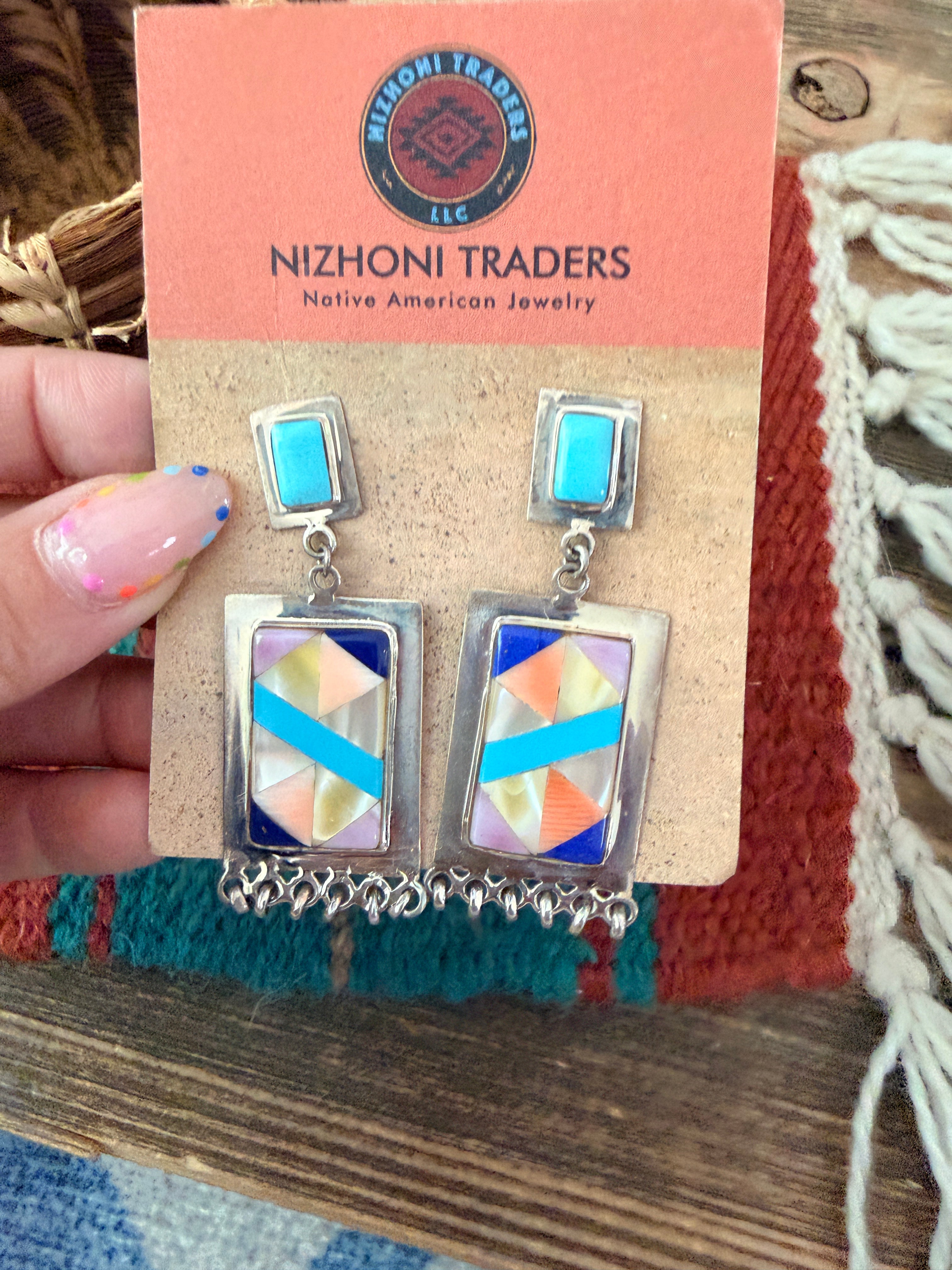 Old Pawn Handcrafted Sterling Silver & Multi Stone Inlay Tassel Dangle Earrings