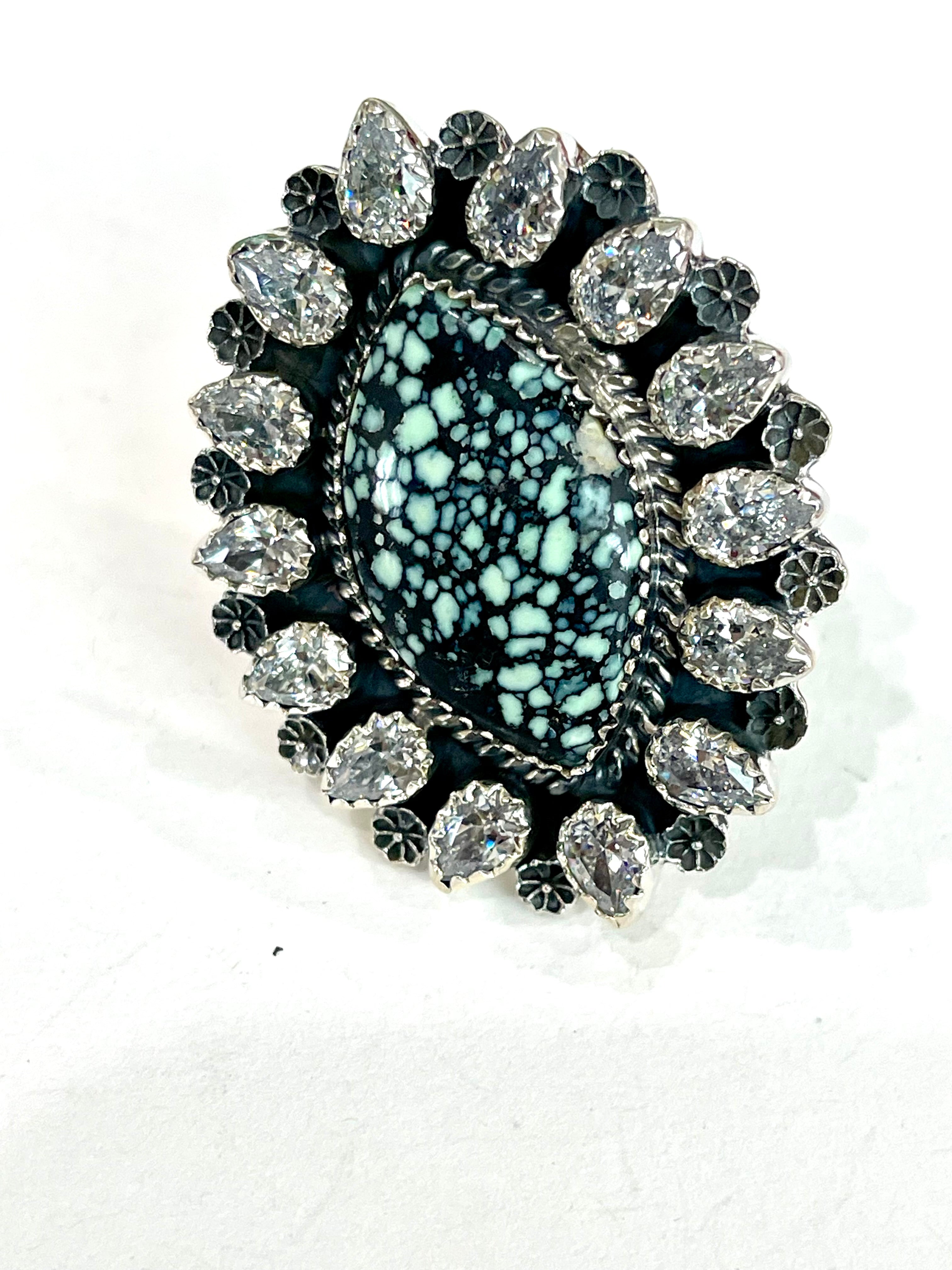 Beautiful Handmade New Lander Turquoise, Cubic Zirconia And Sterling Silver Adjustable Ring