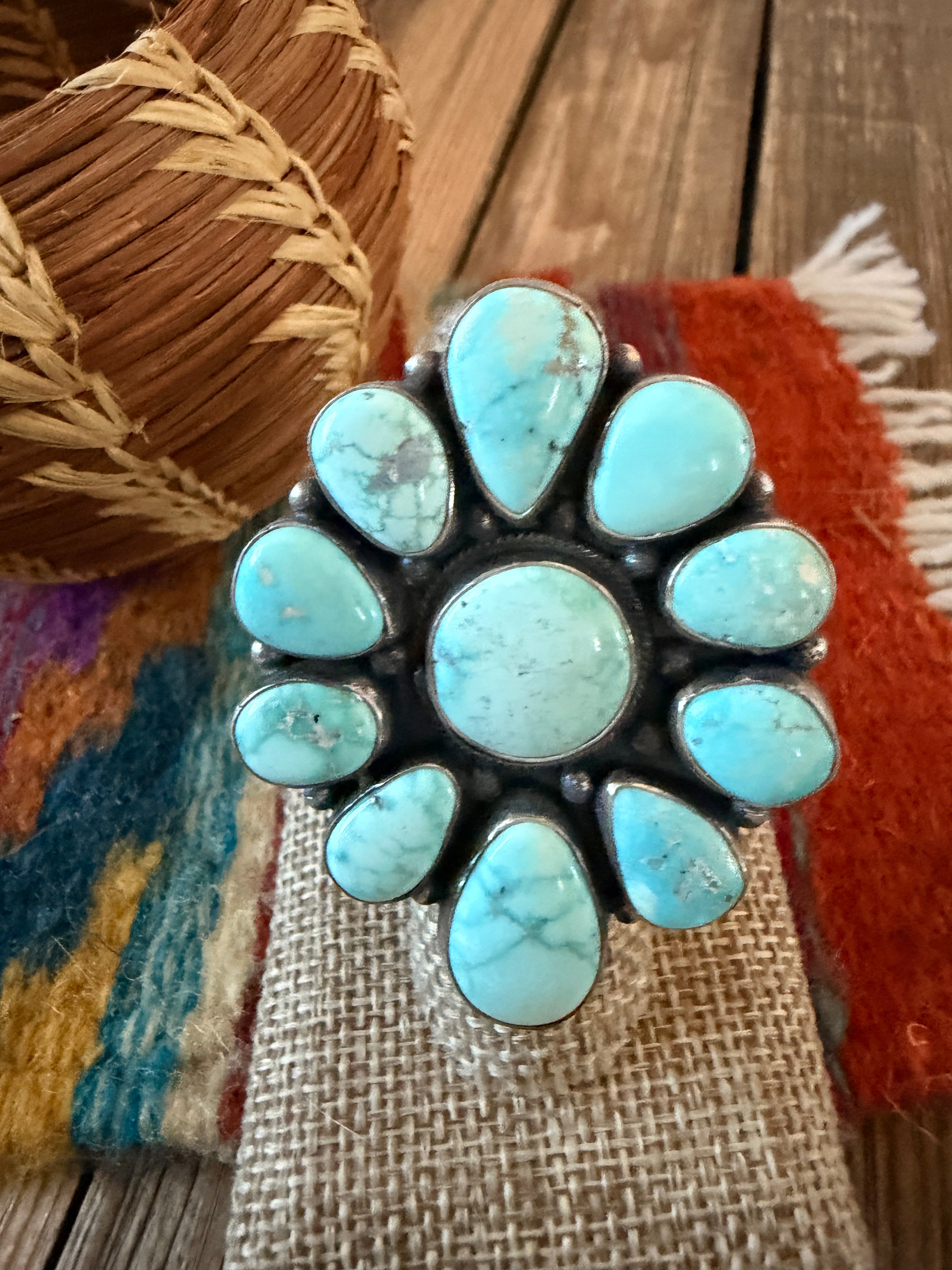Handcrafted Carico Lake Turquoise & Sterling Silver Cluster Ring Size 8.75 by Sheila Becenti