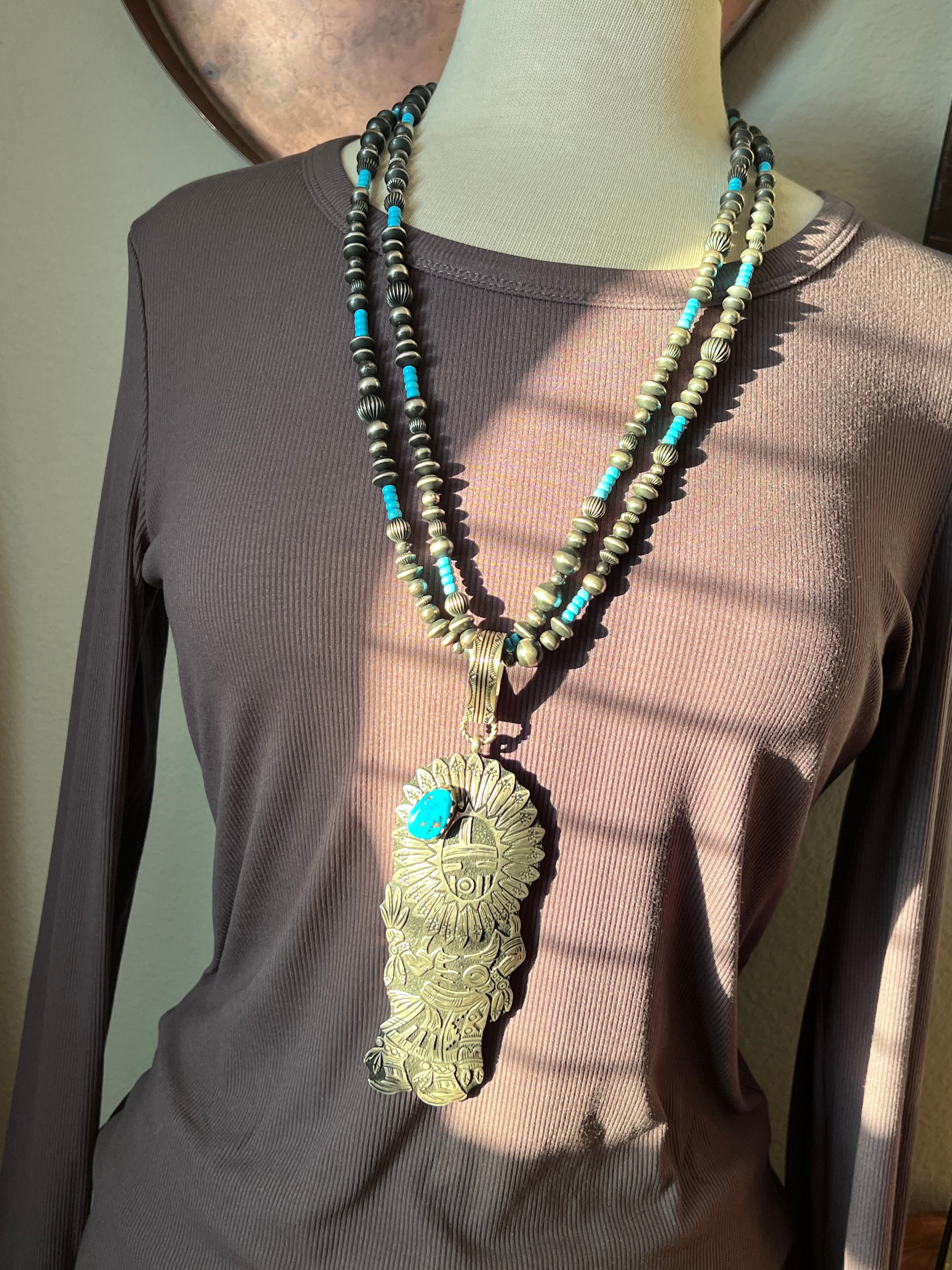 Richard Singer Sterling Silver Sun Dancer Kachina Pendant with Sleeping Beauty Turquoise