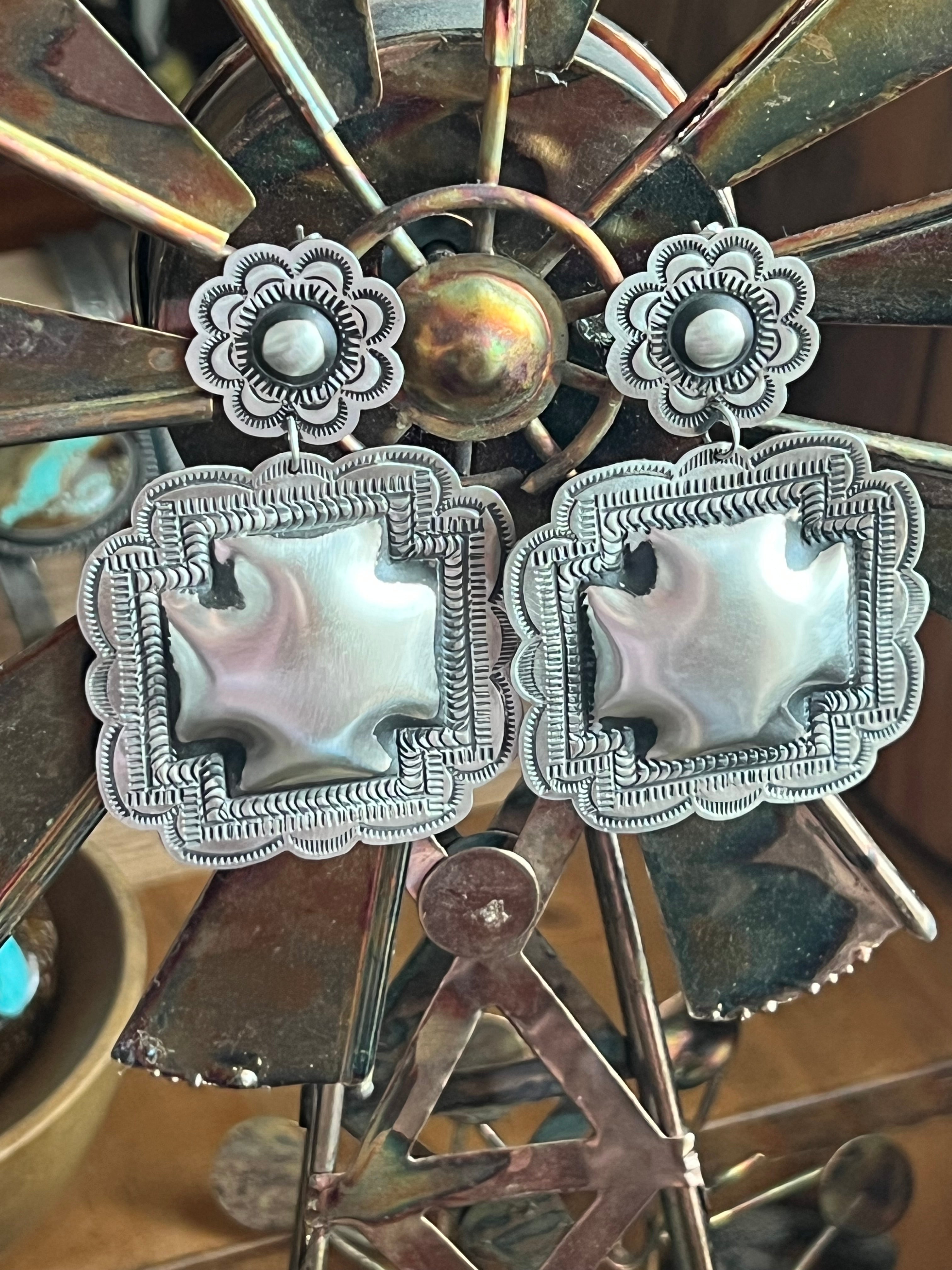 Handcrafted Sterling Silver Stamped Repousse Santa Fe Cross Earrings by Leander Tahe, C3