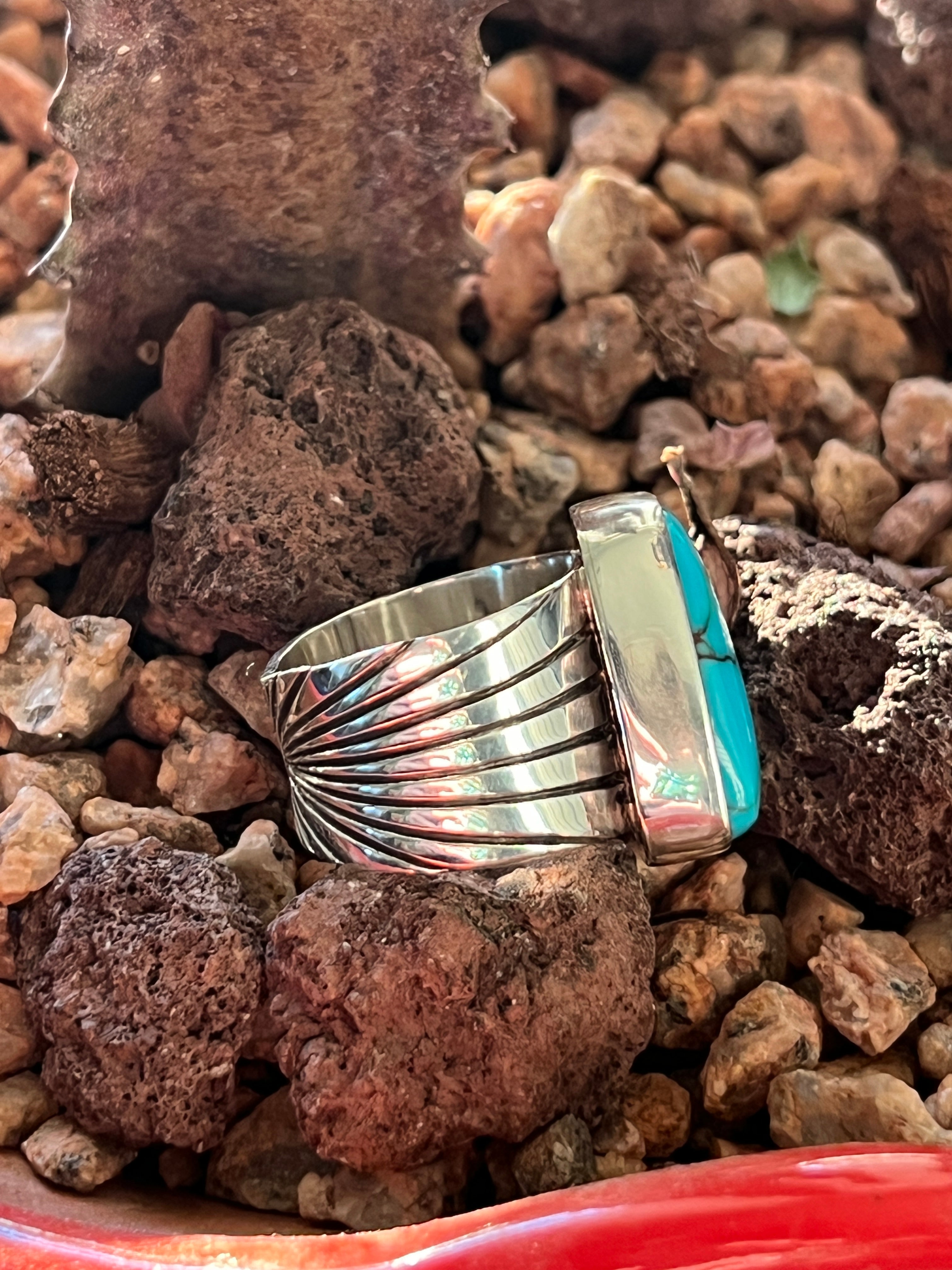 Handcrafted Hand Stamped Sterling Silver and Egyptian Turquoise Wide Shank Ring by Shaun Rogers, Size 8.25