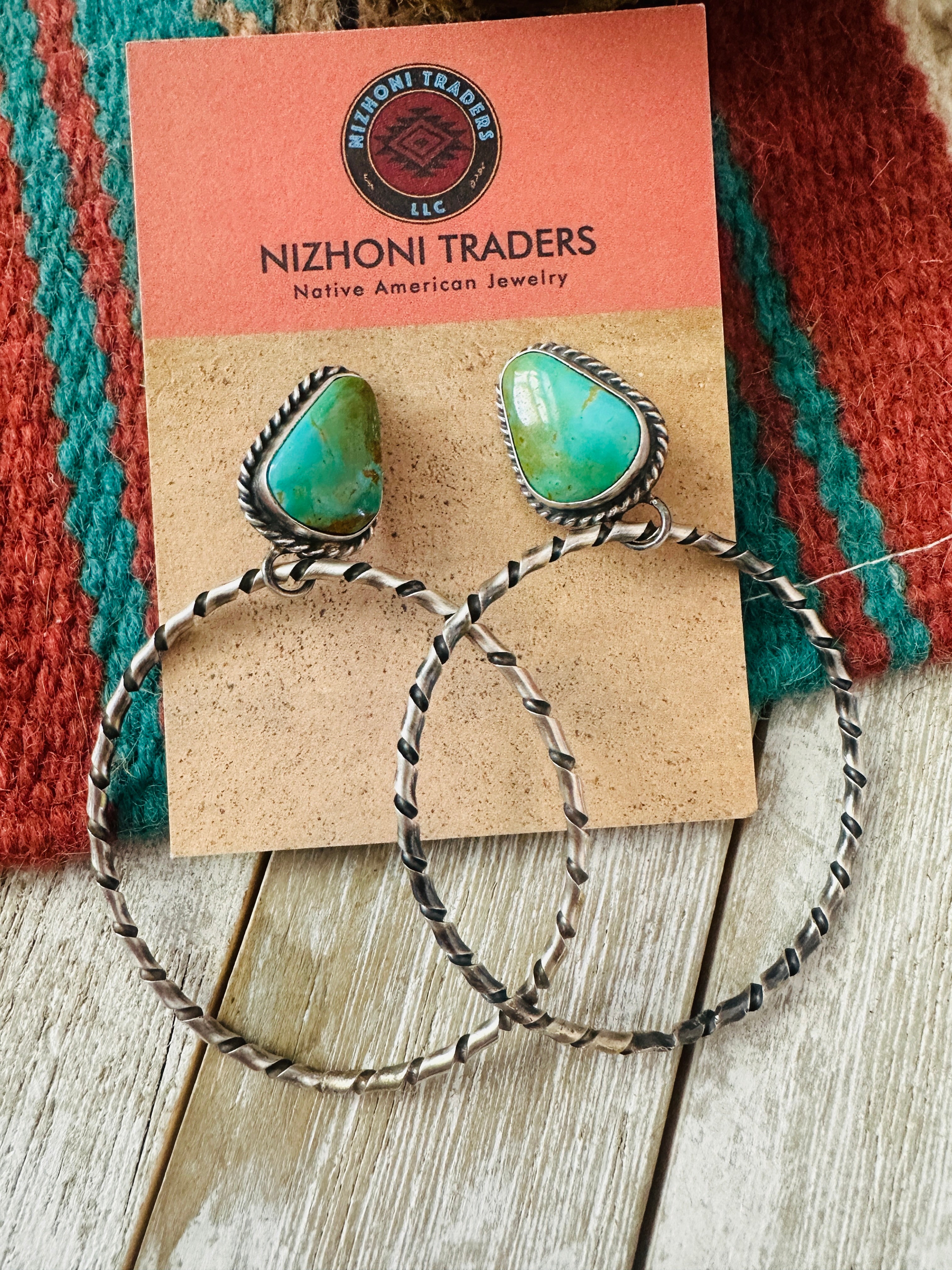 Navajo Turquoise and Sterling Silver Dangle Hoop Earrings