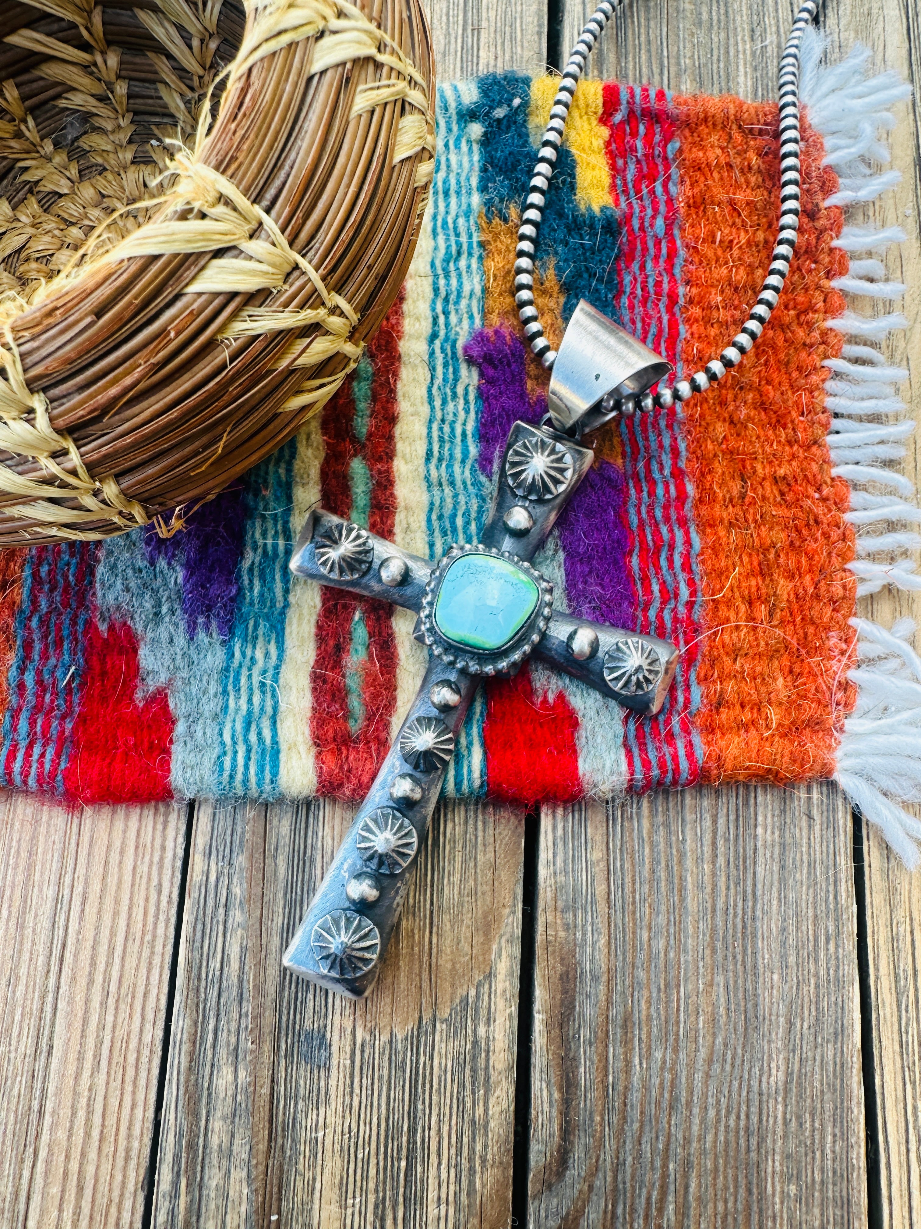 Handcrafted Sonoran Mountain Turquoise & Sterling Silver Cross Pendant by Chimney Butte