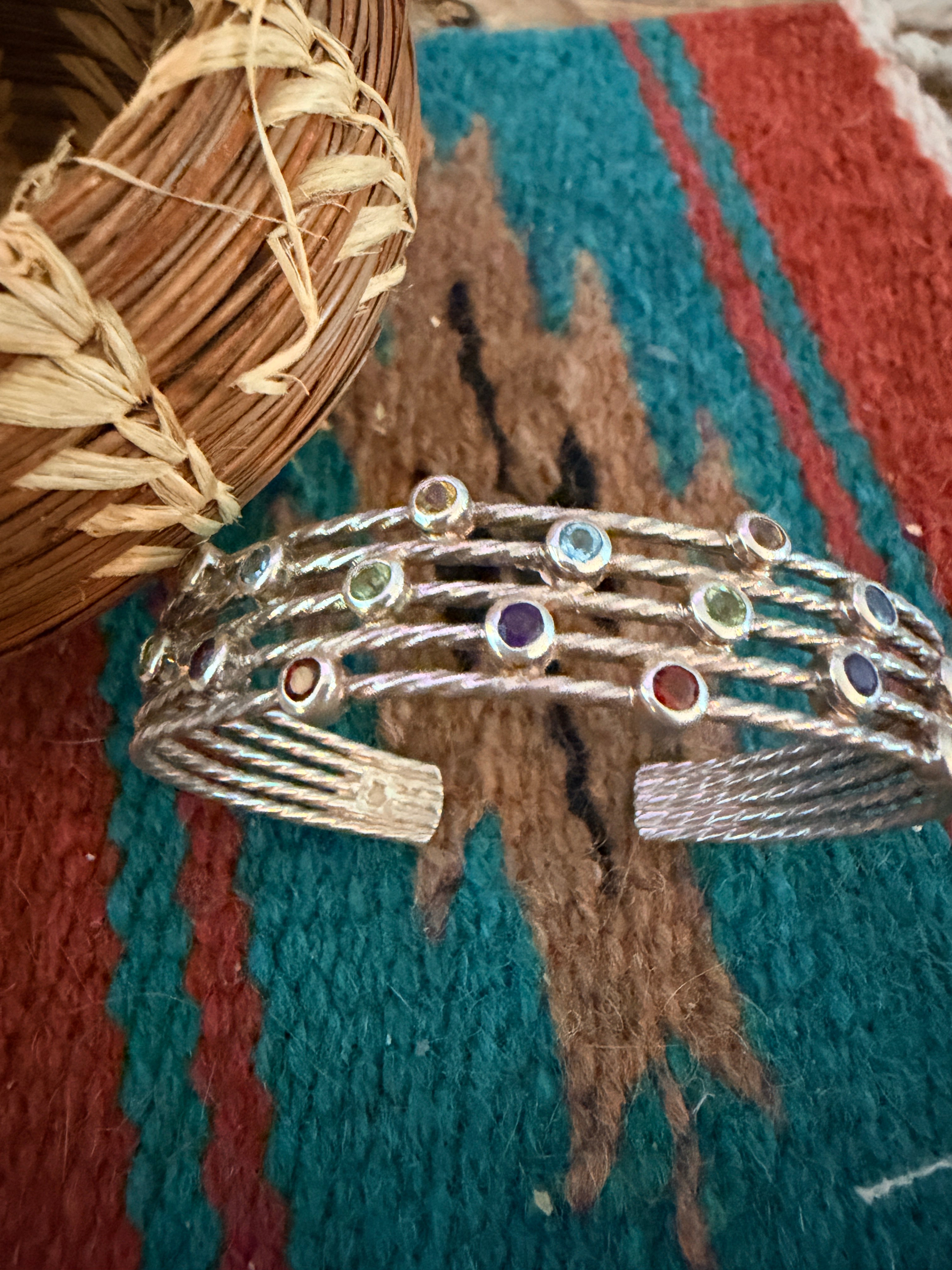 Handcrafted Multi Gem Stone & Sterling Silver Cuff Bracelet