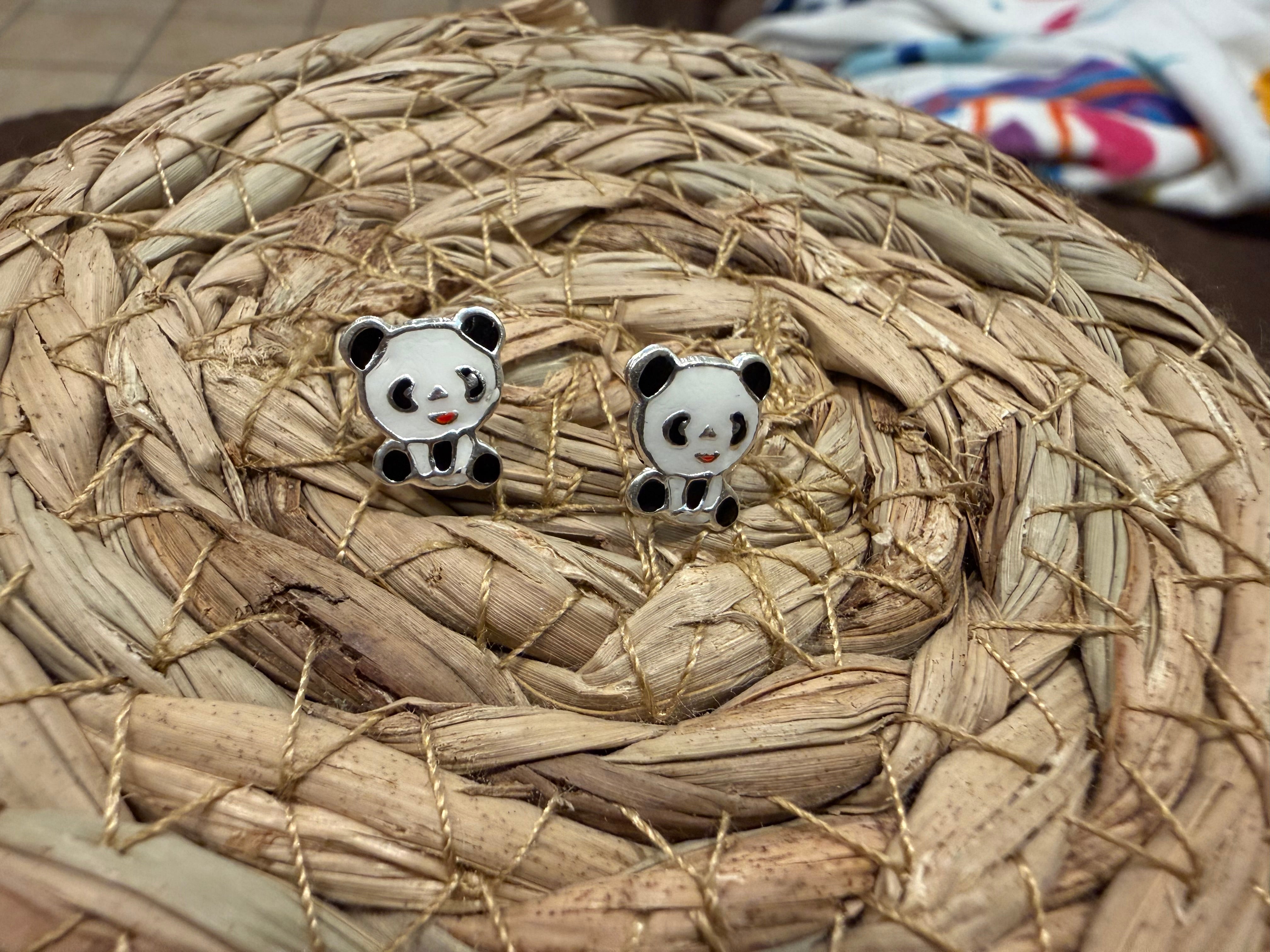 Panda Bear Sterling Silver Stud Earrings