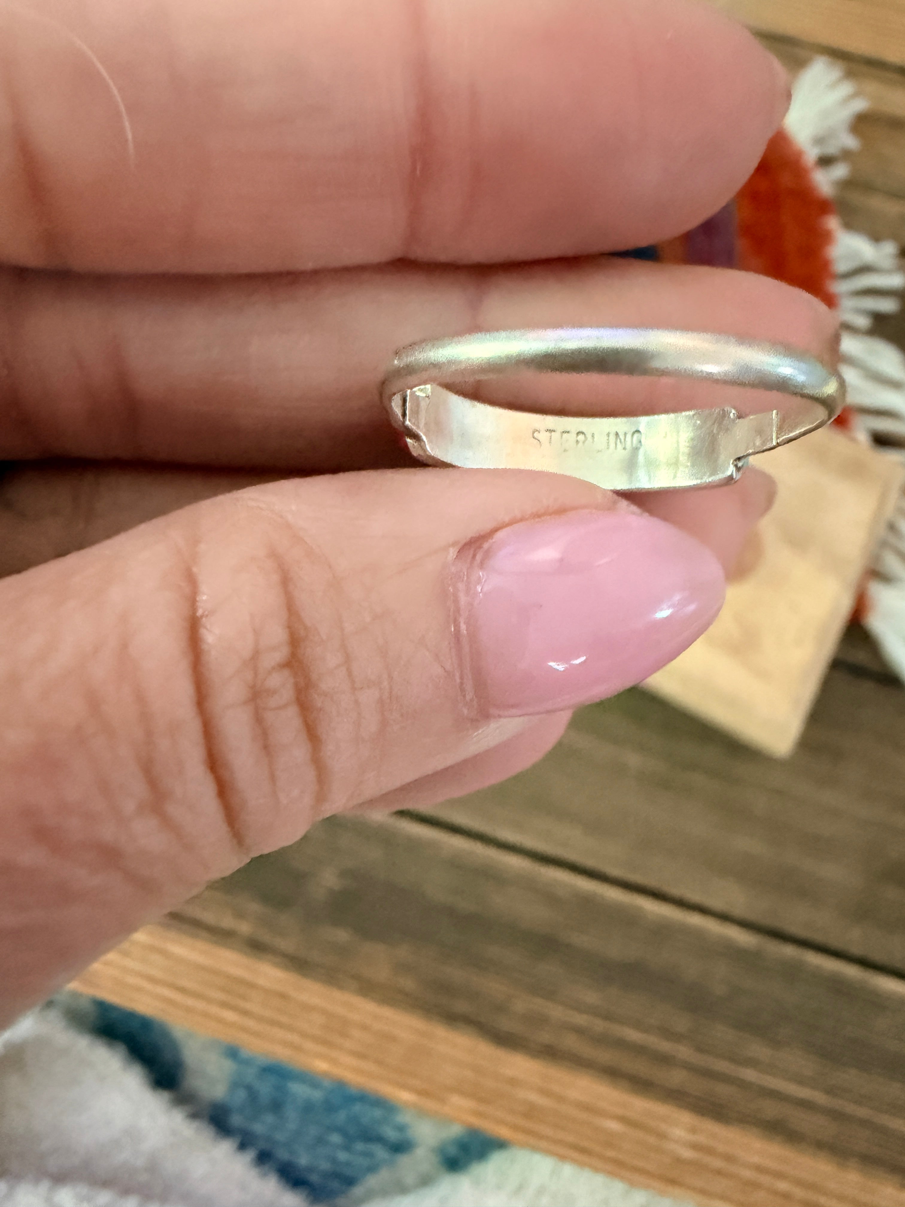 Old Pawn Handcrafted Turquoise, Coral & Sterling Silver Inlay Band Ring Size 9