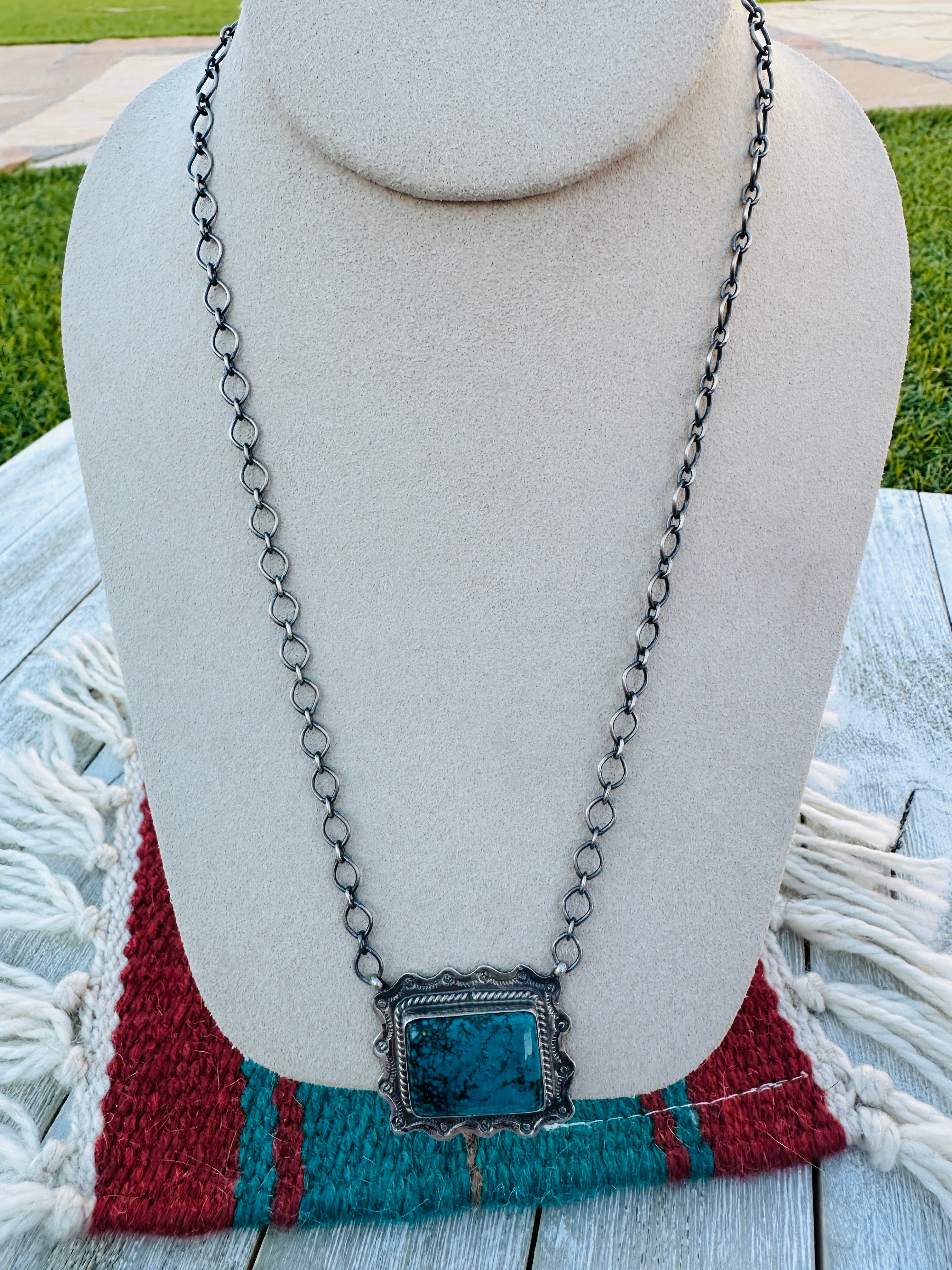 Handcrafted Sterling Silver 18” Link Chain & Turquoise Necklace