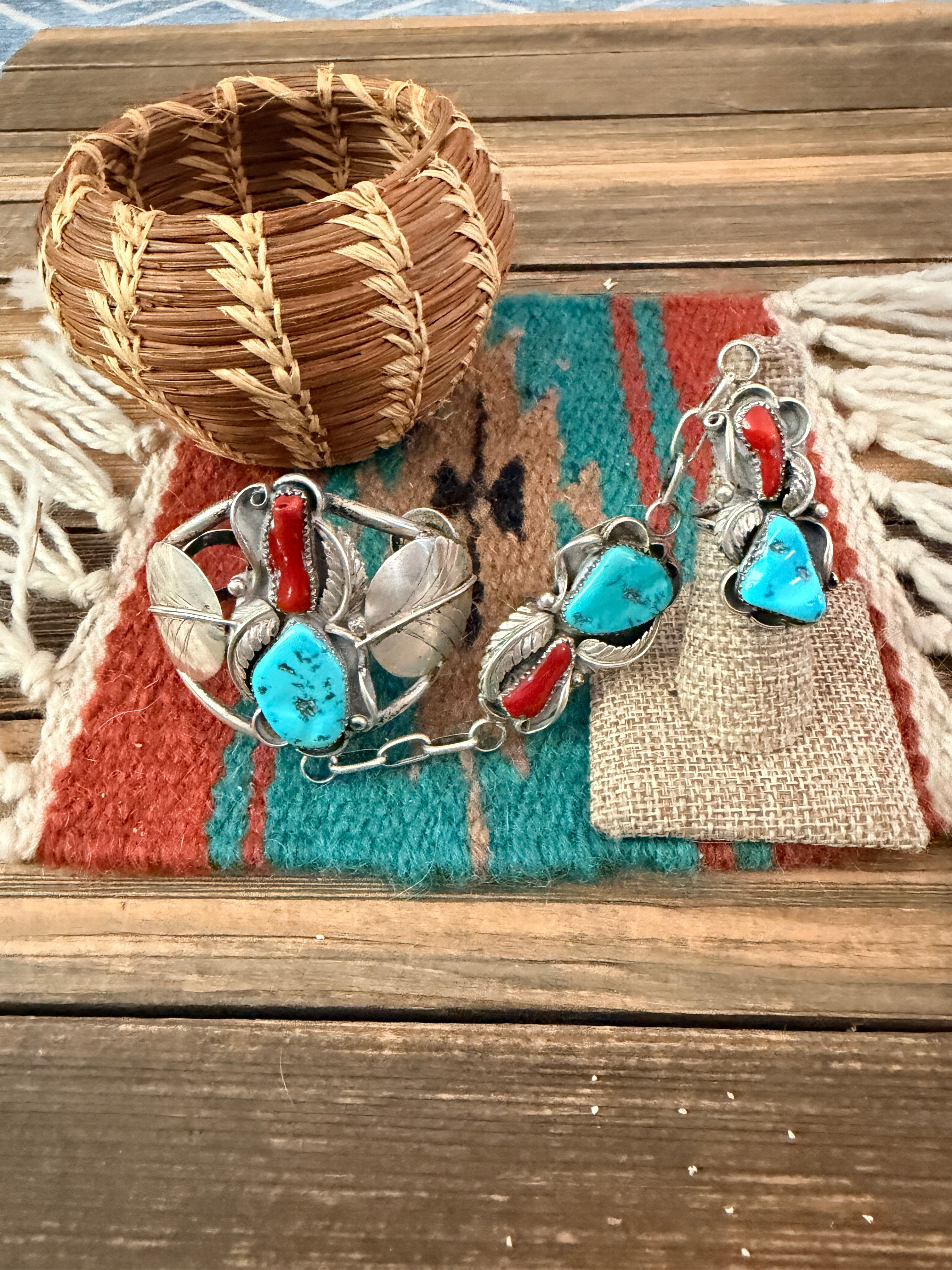 Handcrafted Old Pawn Turquoise, Coral & Sterling Silver Cuff Bracelet with Hand Chain