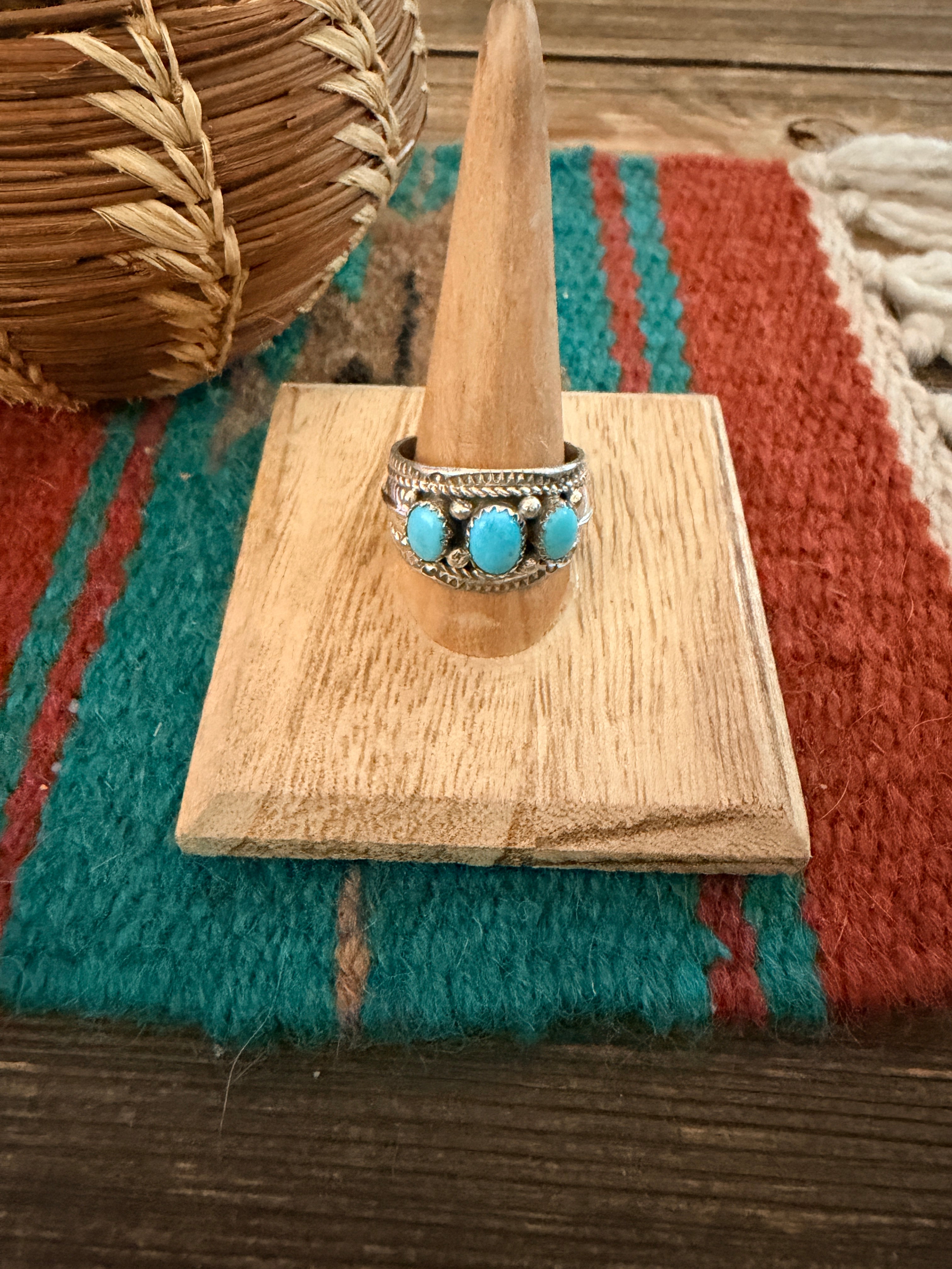Handcrafted Turquoise & Sterling Silver Band Ring Size 11