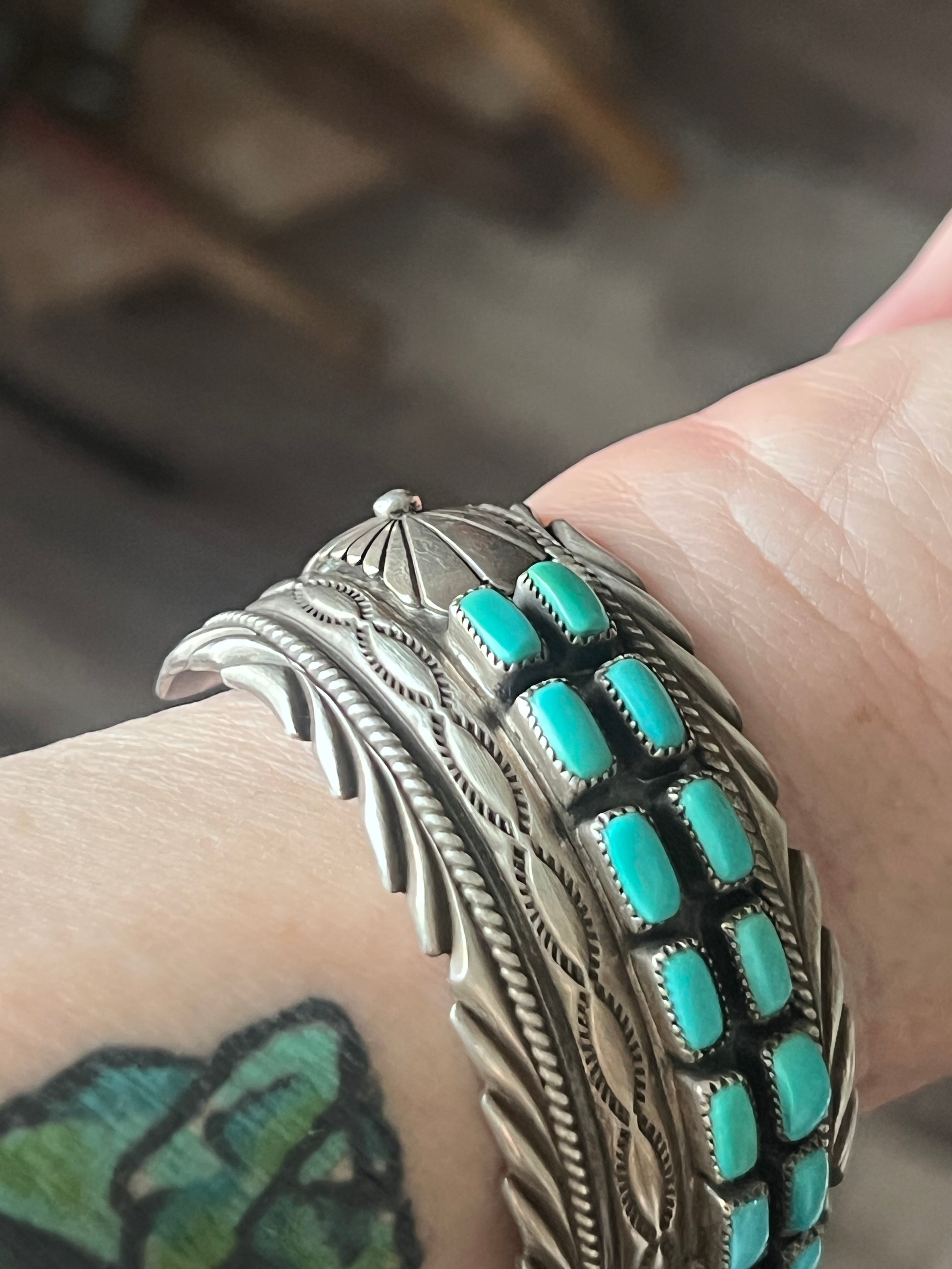 Vintage Sterling Silver and Kingman Turquoise Row Cuff by James Martin