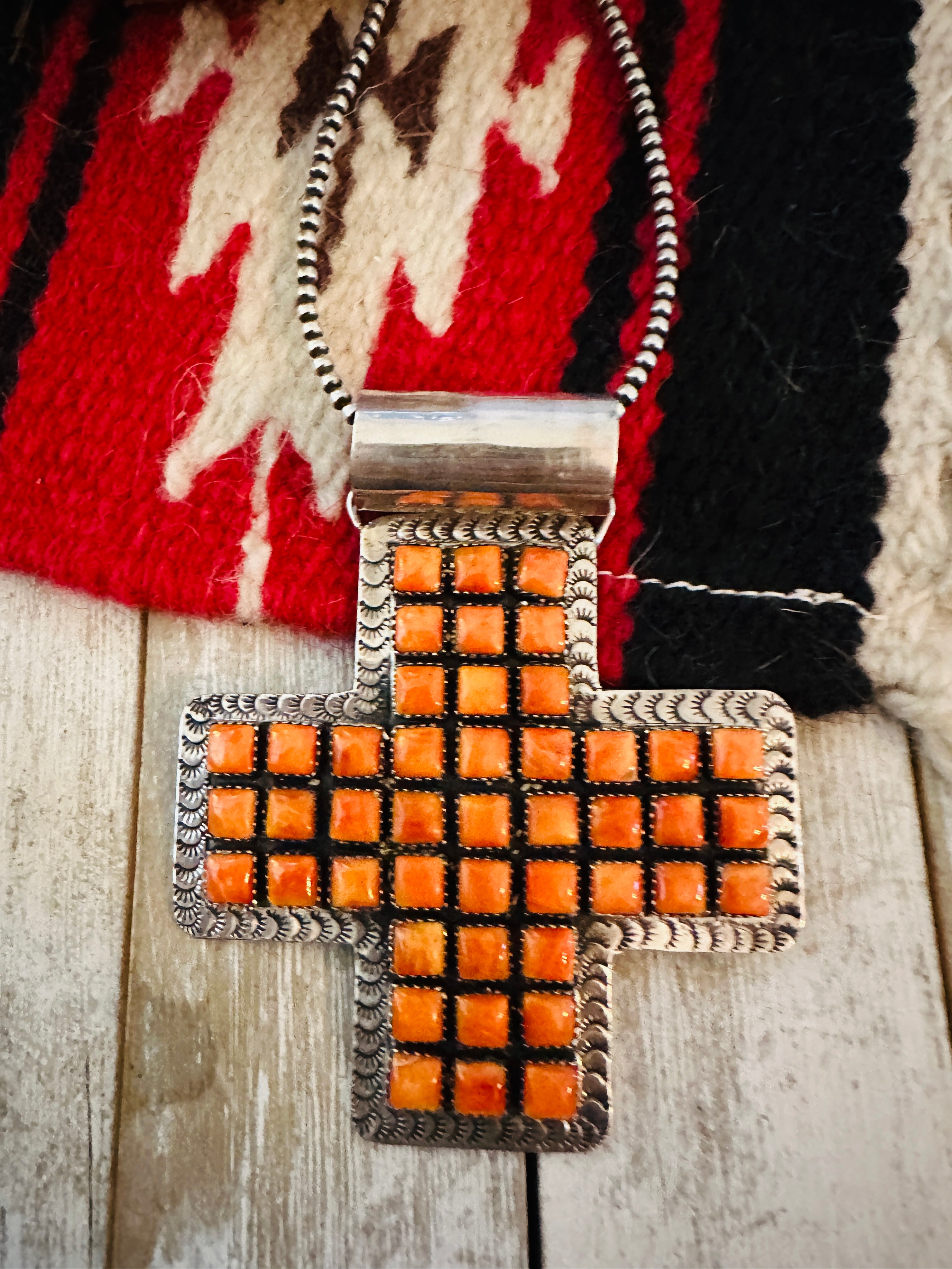 Handcrafted Sterling Silver & Orange Spiny Cross Pendant by Marcella James