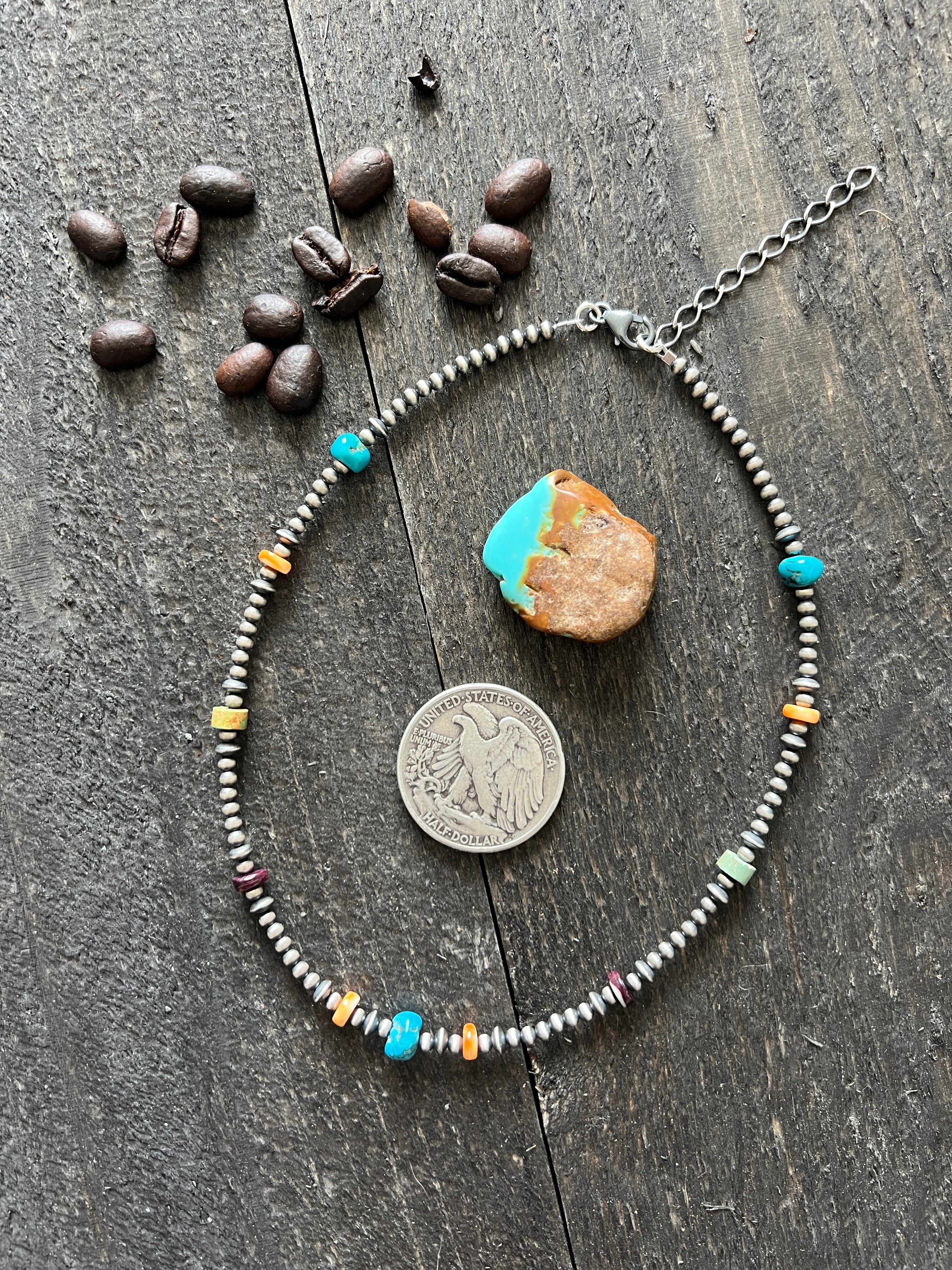 Summer Lovin’ Beaded Layering Necklace with Sterling Silver, Spiny Oyster Shell and Turquoise, 14 + 2”, The Color Drop
