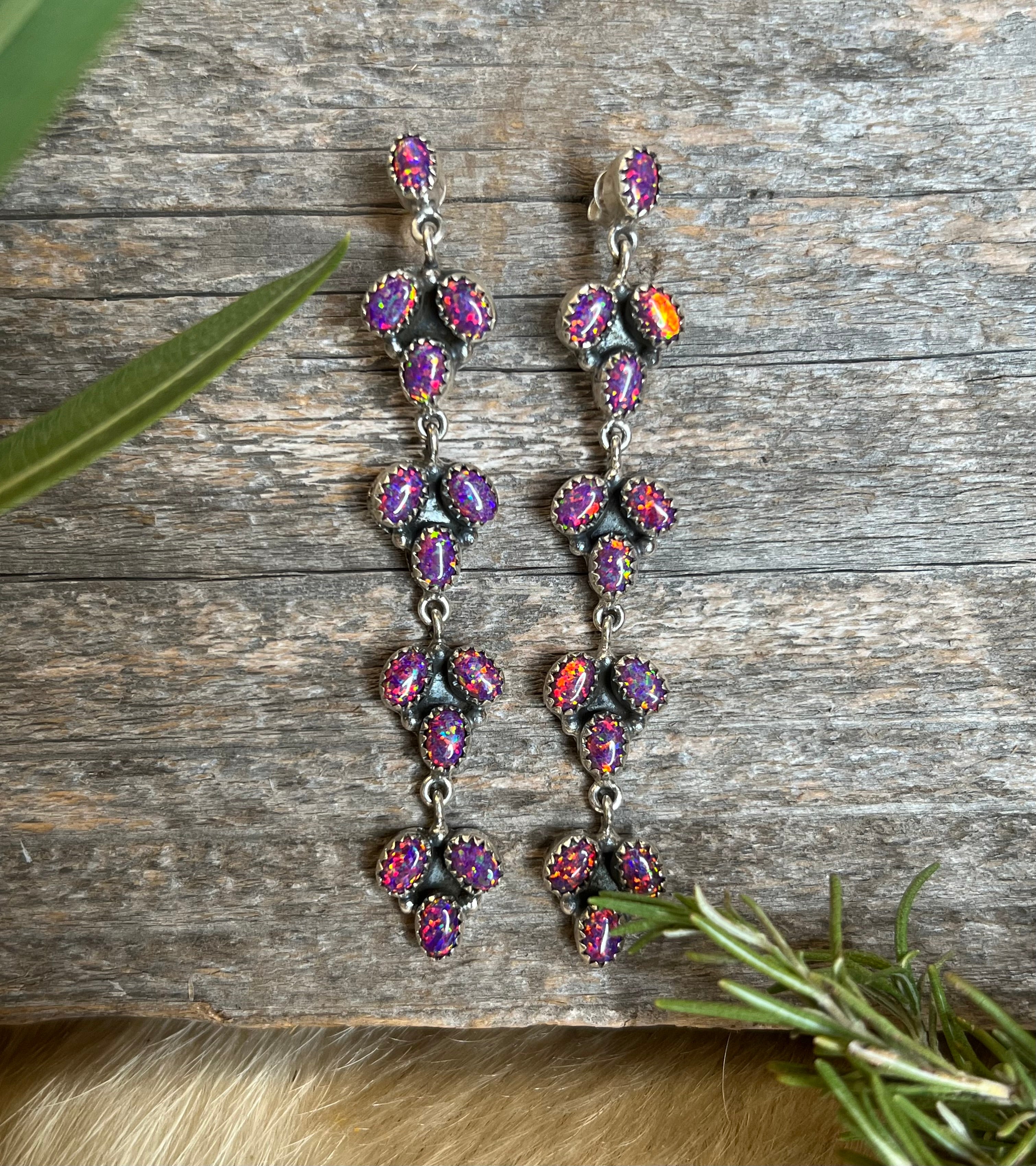 Handmade Purple Fire Opal Sterling Silver Dangle Earrings