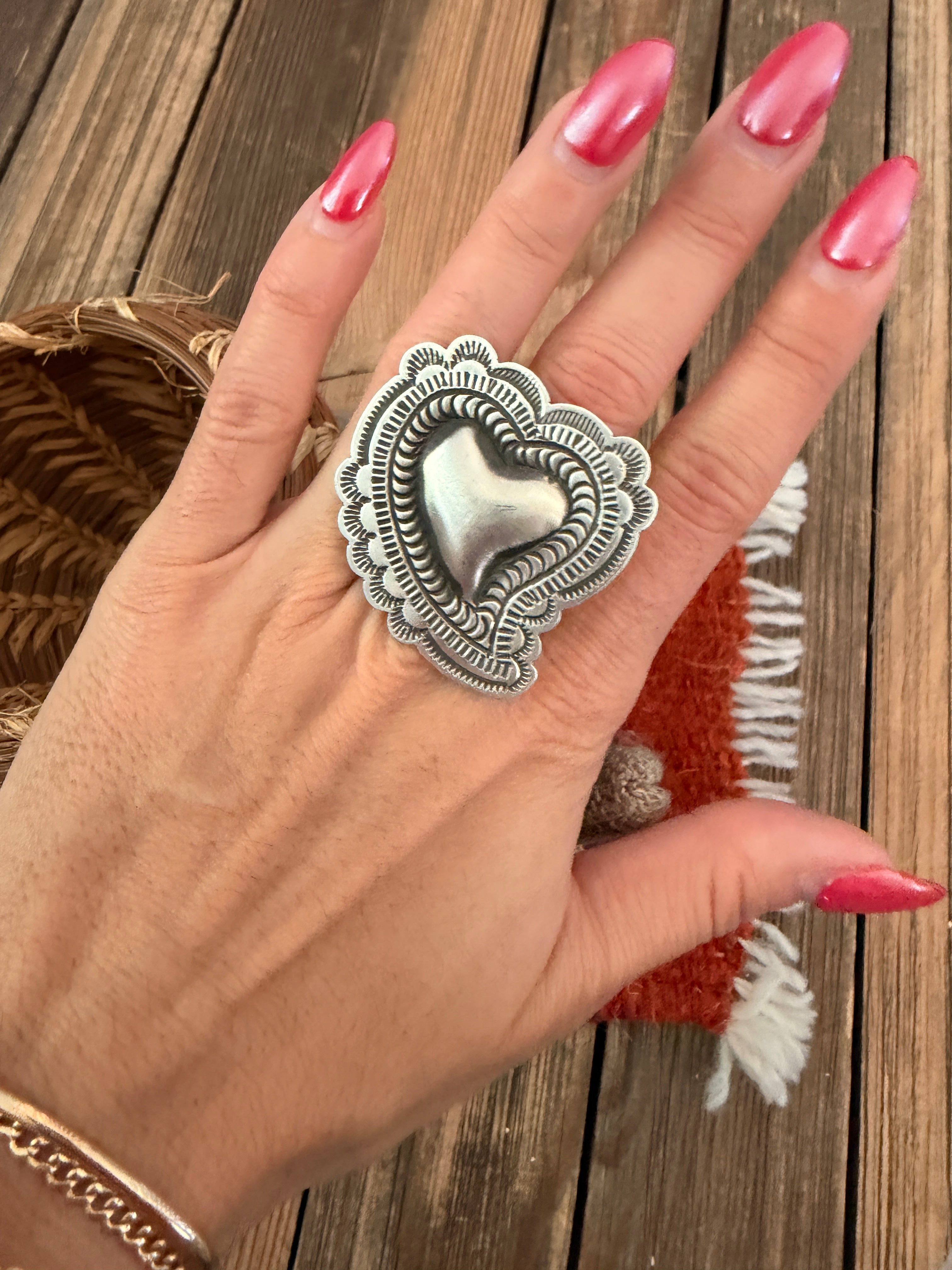 Handcrafted Sterling Silver Adjustable Heart Concho Ring by Leander Tahe