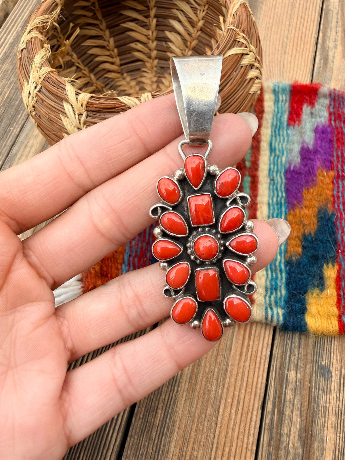 Old Pawn Handcrafted Coral and Sterling Silver Cluster Pendant by Emma Lincoln