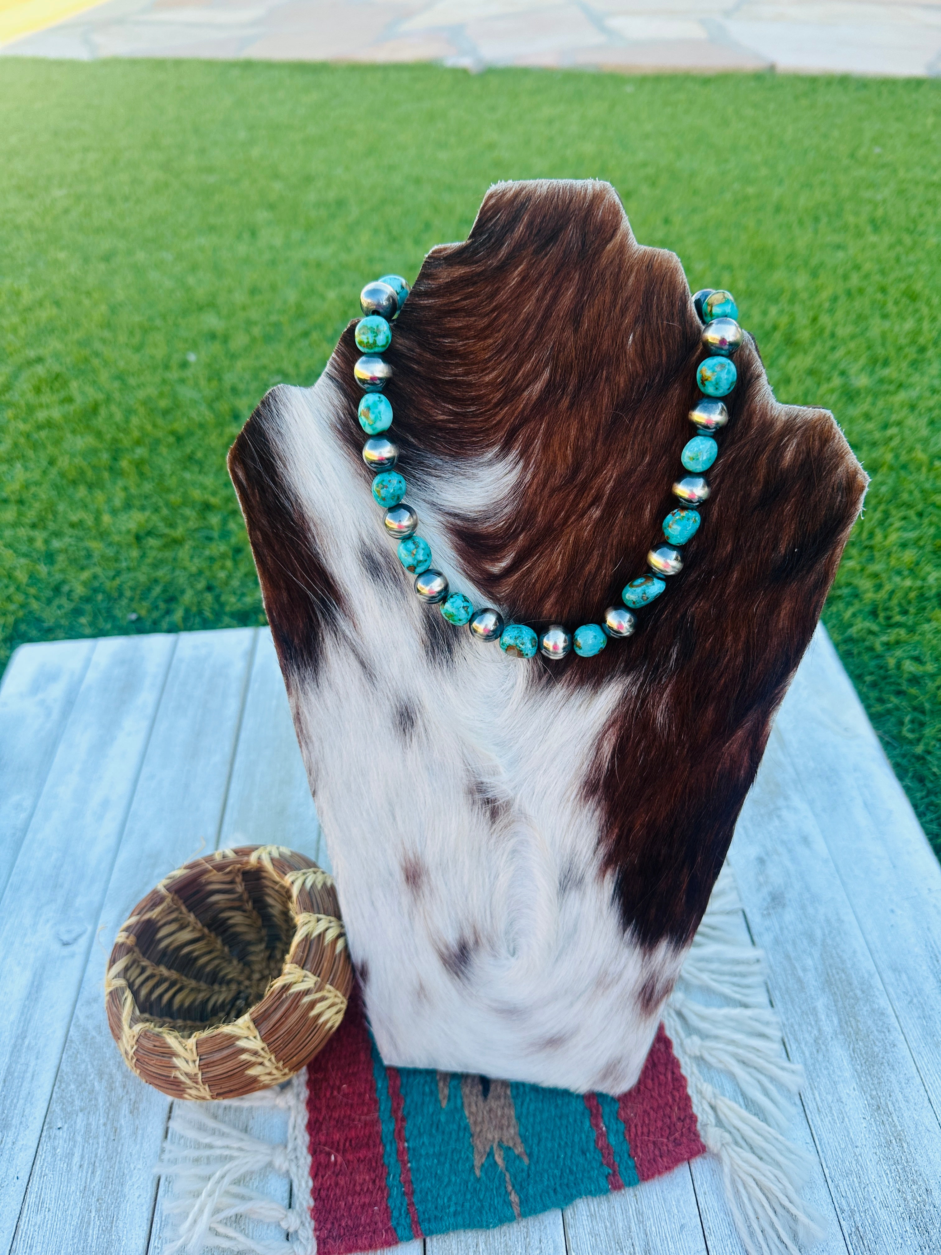 Handcrafted Turquoise & 10mm Sterling Silver Pearl Beaded Necklace 16”