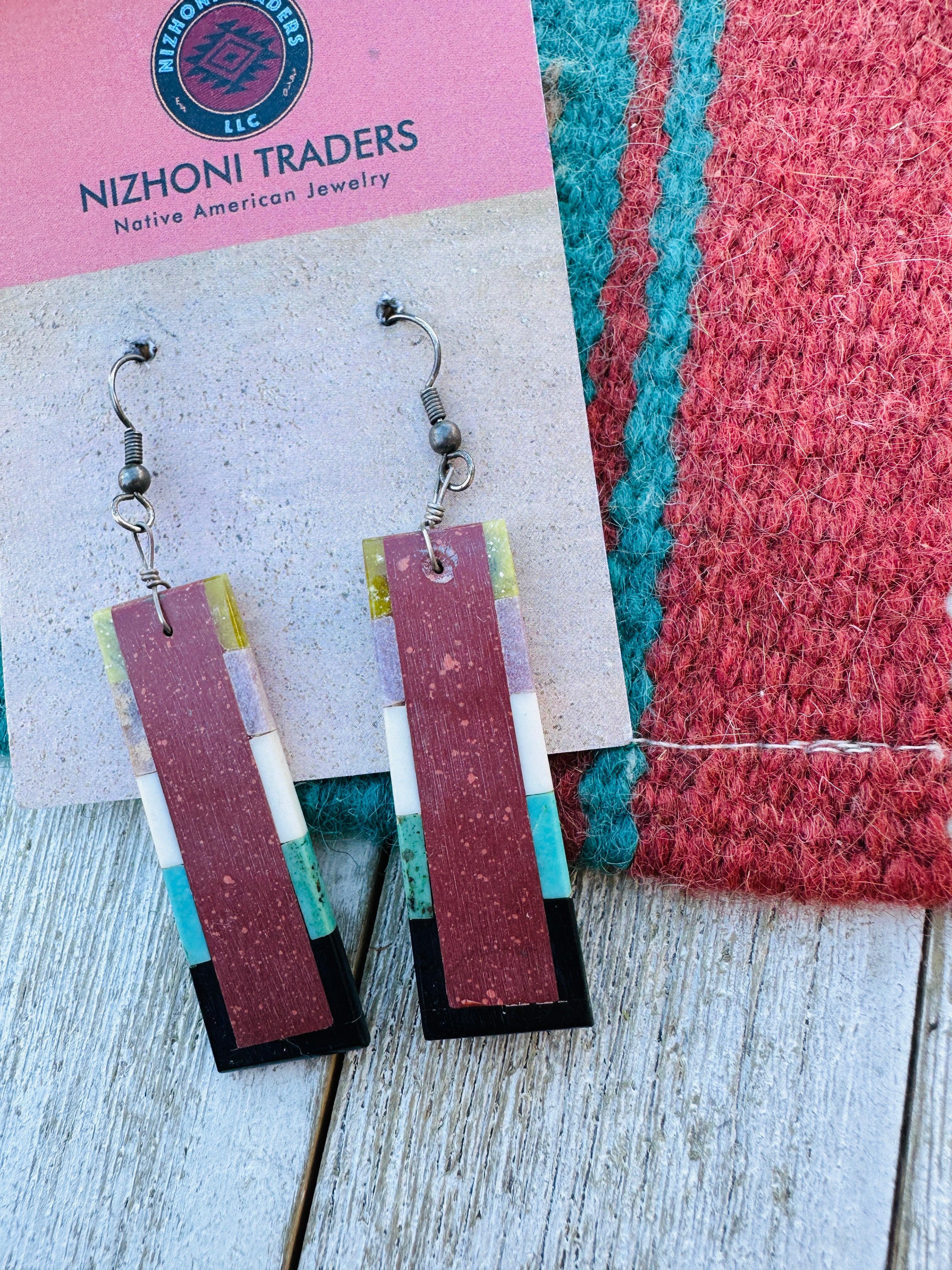 Handcrafted Old Pawn Multi Stone Inlay Dangle Earrings