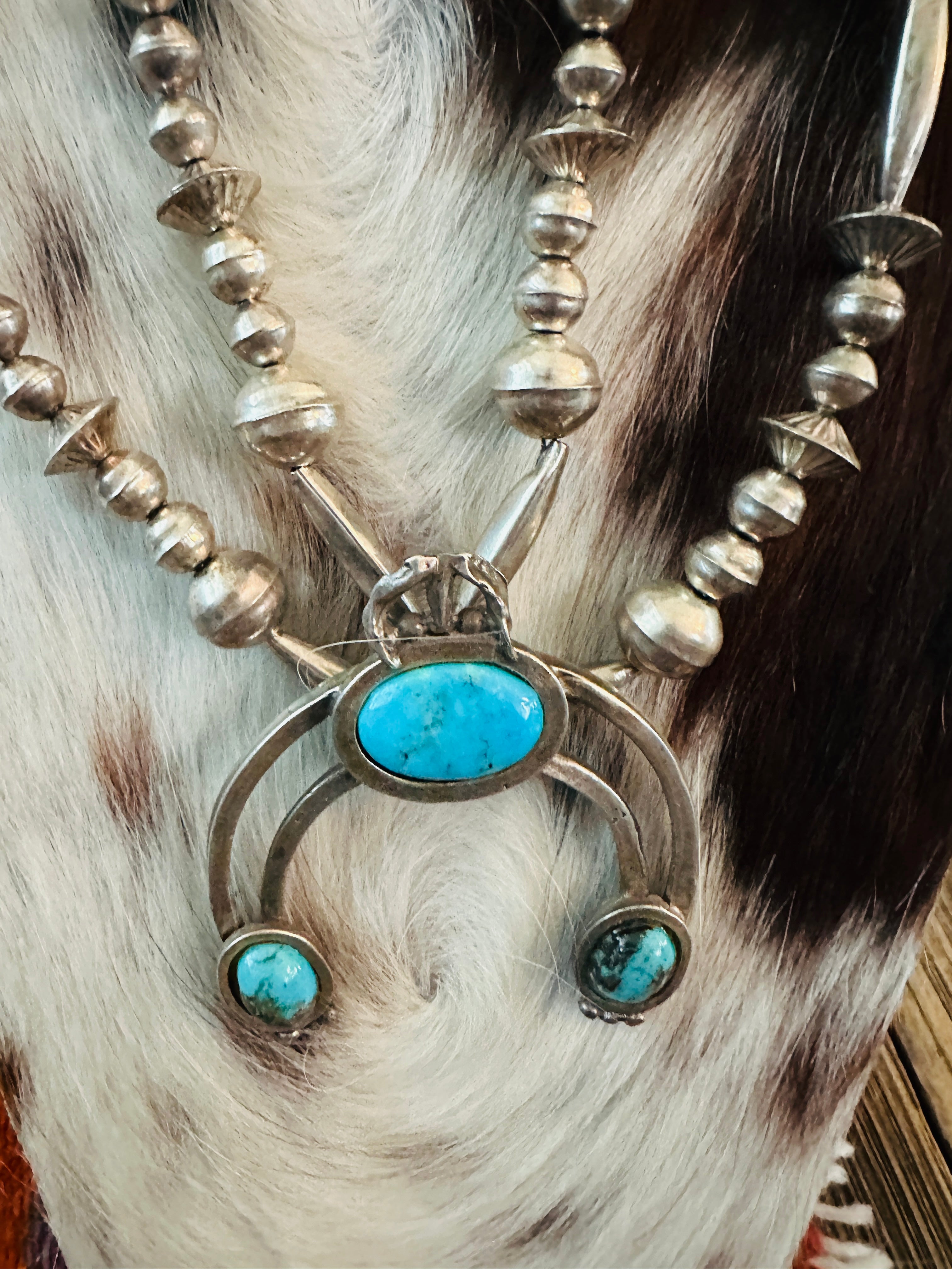 Old Pawn Handcrafted Turquoise & Sterling Silver Beaded Naja Necklace