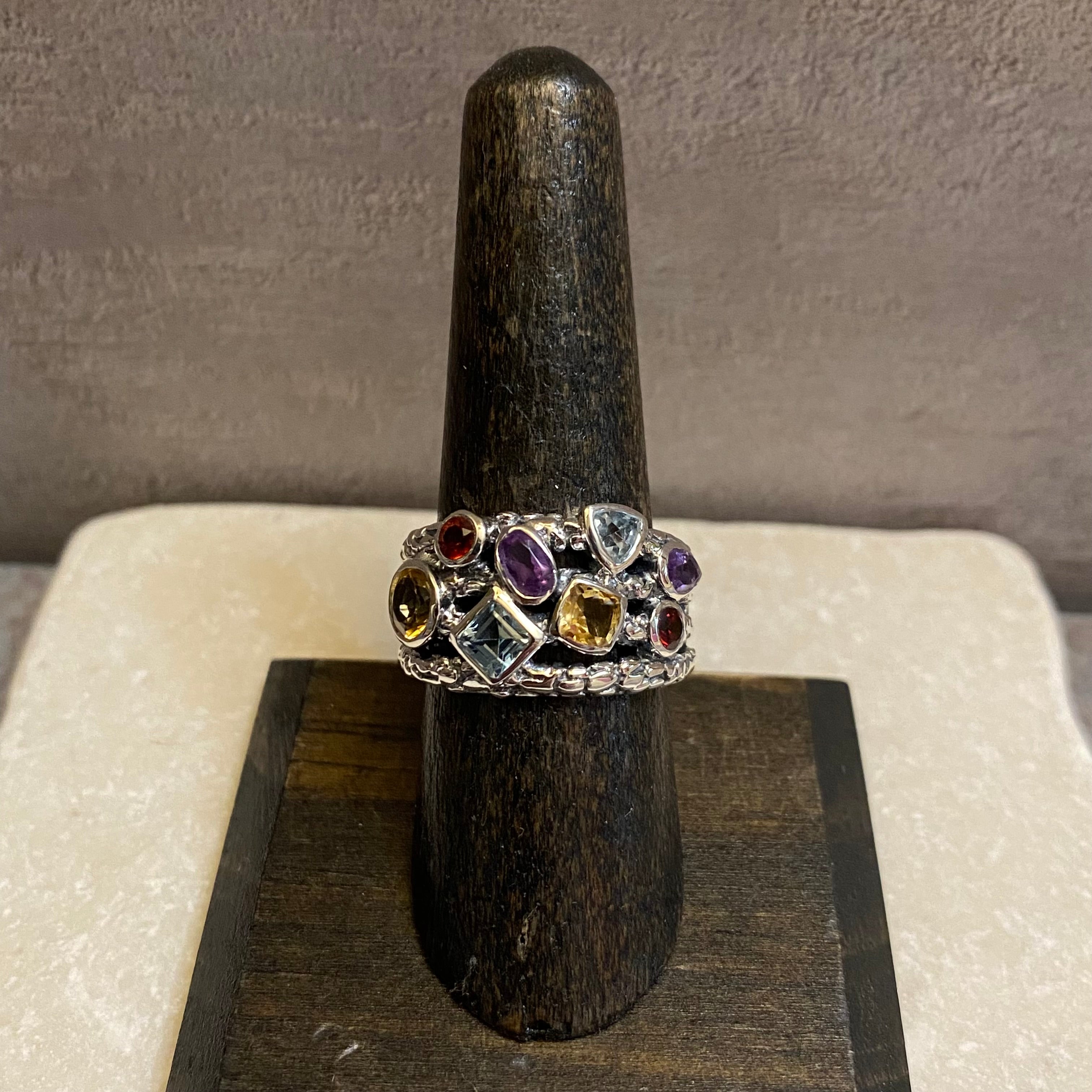 Sterling Silver Amethyst, Blue Topaz, Citrine, & Garnet Ring Size 7.5