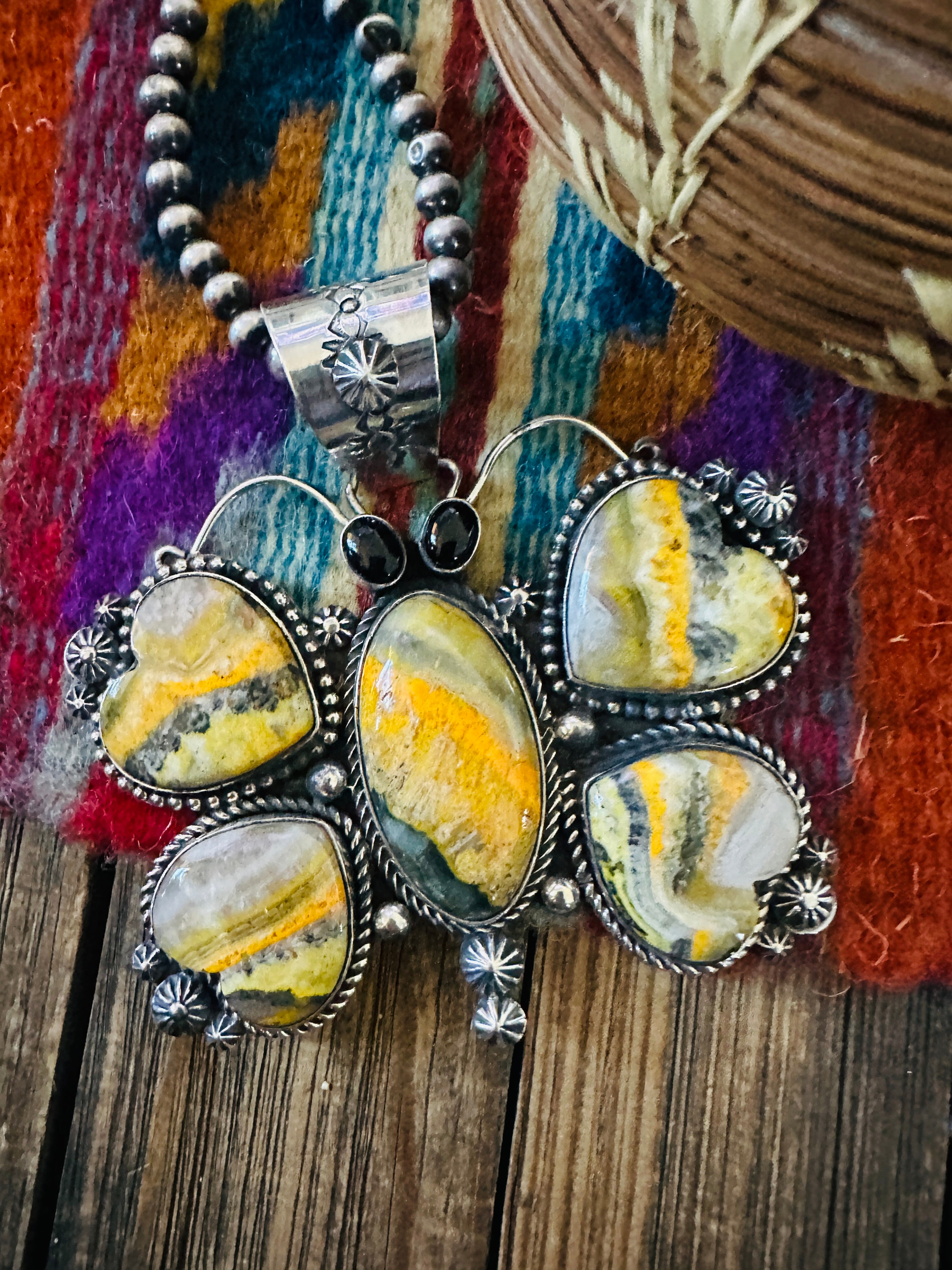 Handcrafted Sterling Silver, Bumblebee & Onyx Butterfly Pendant by Rosella Paxson