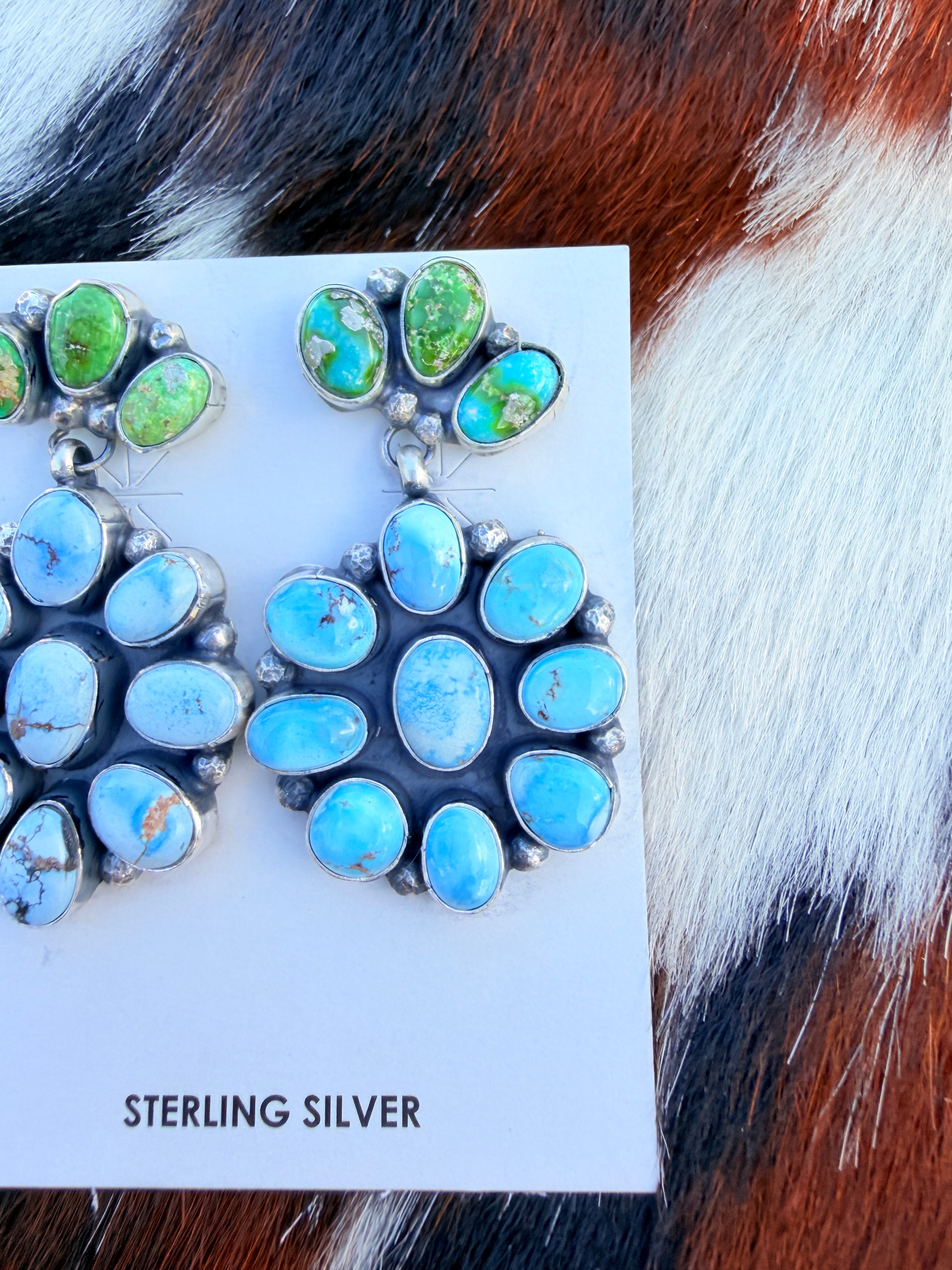 Handcrafted Multi Turquoise & Sterling Silver Cluster Dangle Earrings