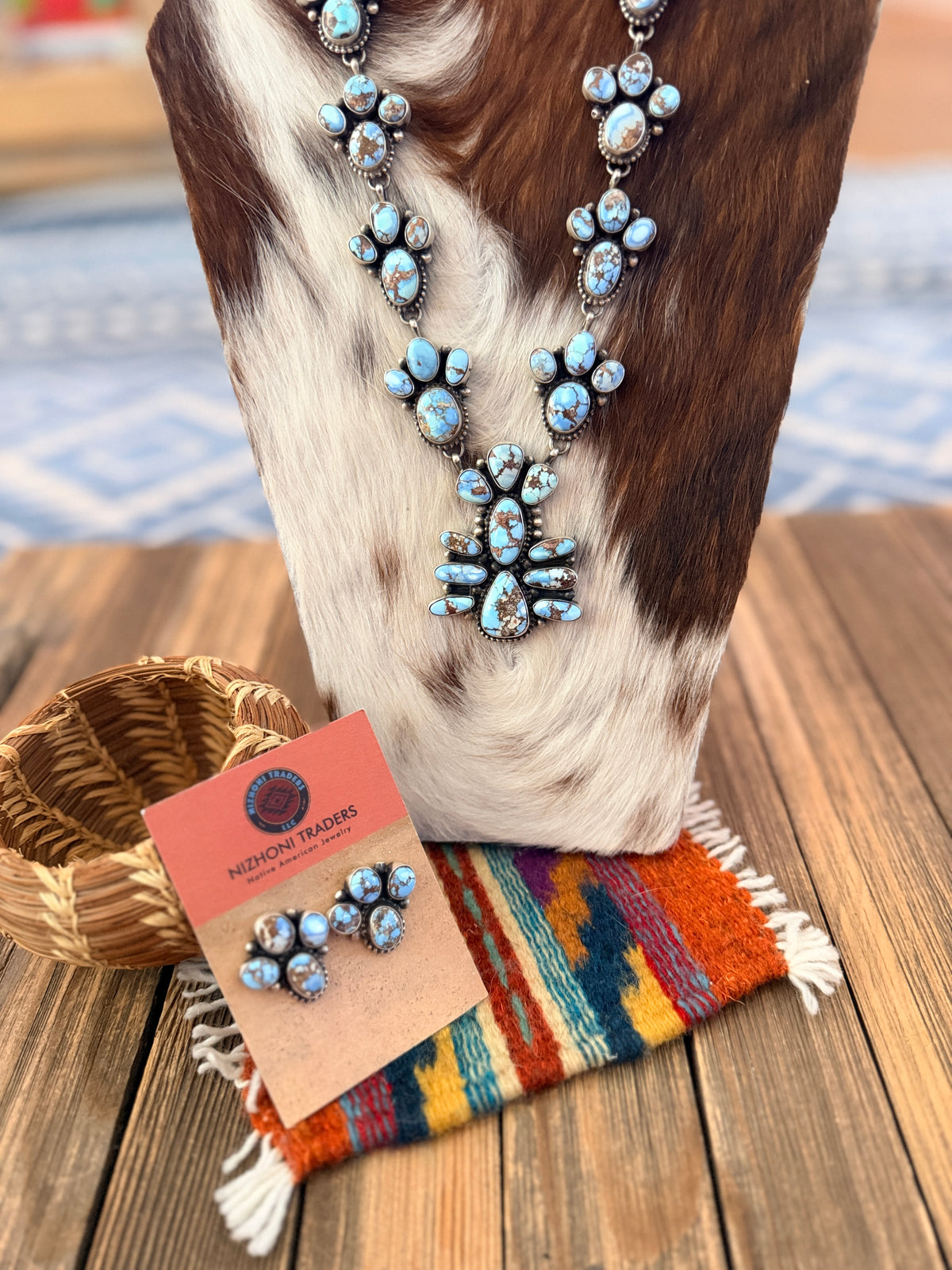 Handcrafted Golden Hills Turquoise & Sterling Silver Cluster Necklace and Earring Set by Travis Jim