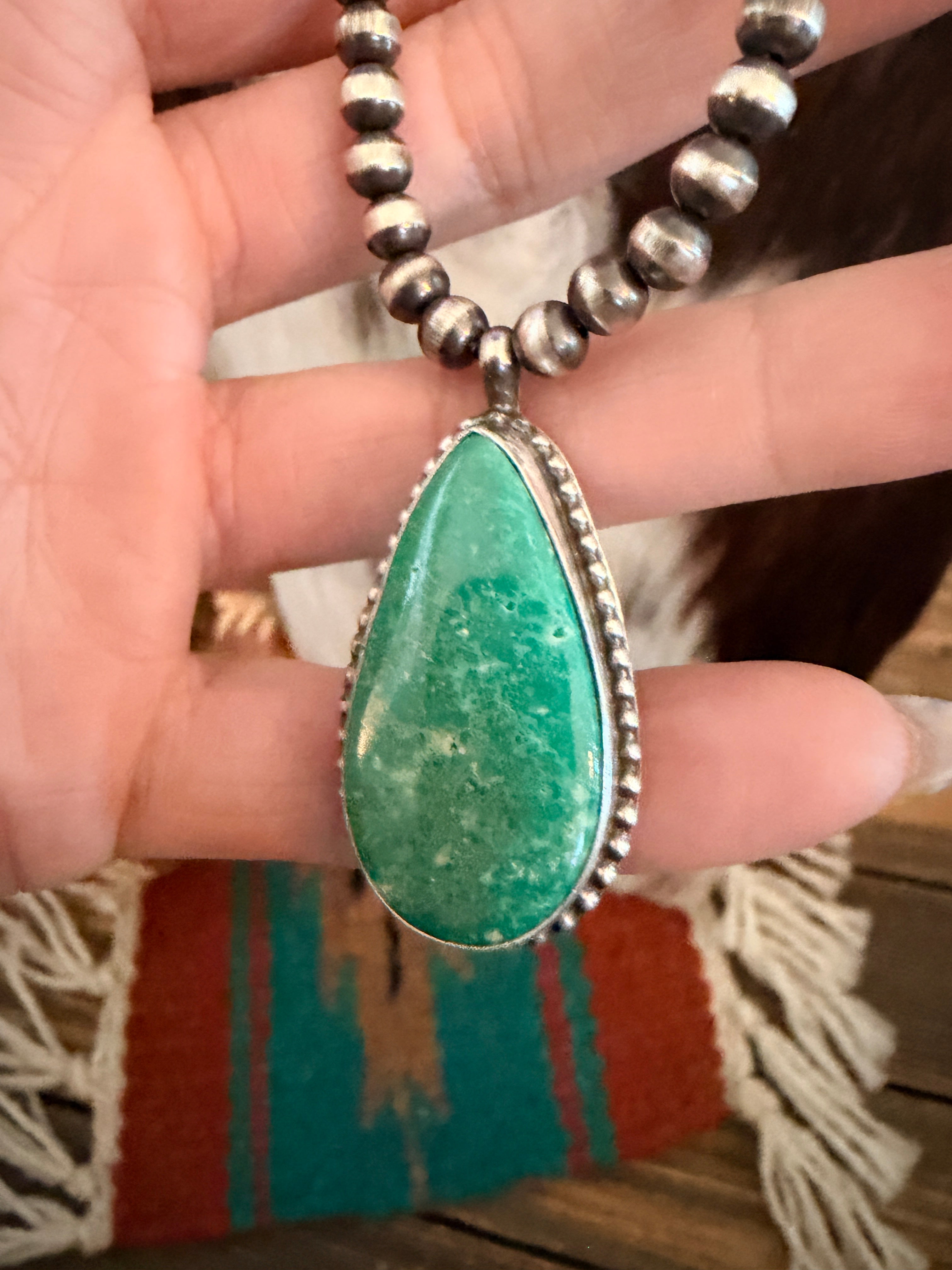 Handcrafted Turquoise & 5mm Sterling Silver Pearl 18” Beaded Necklace