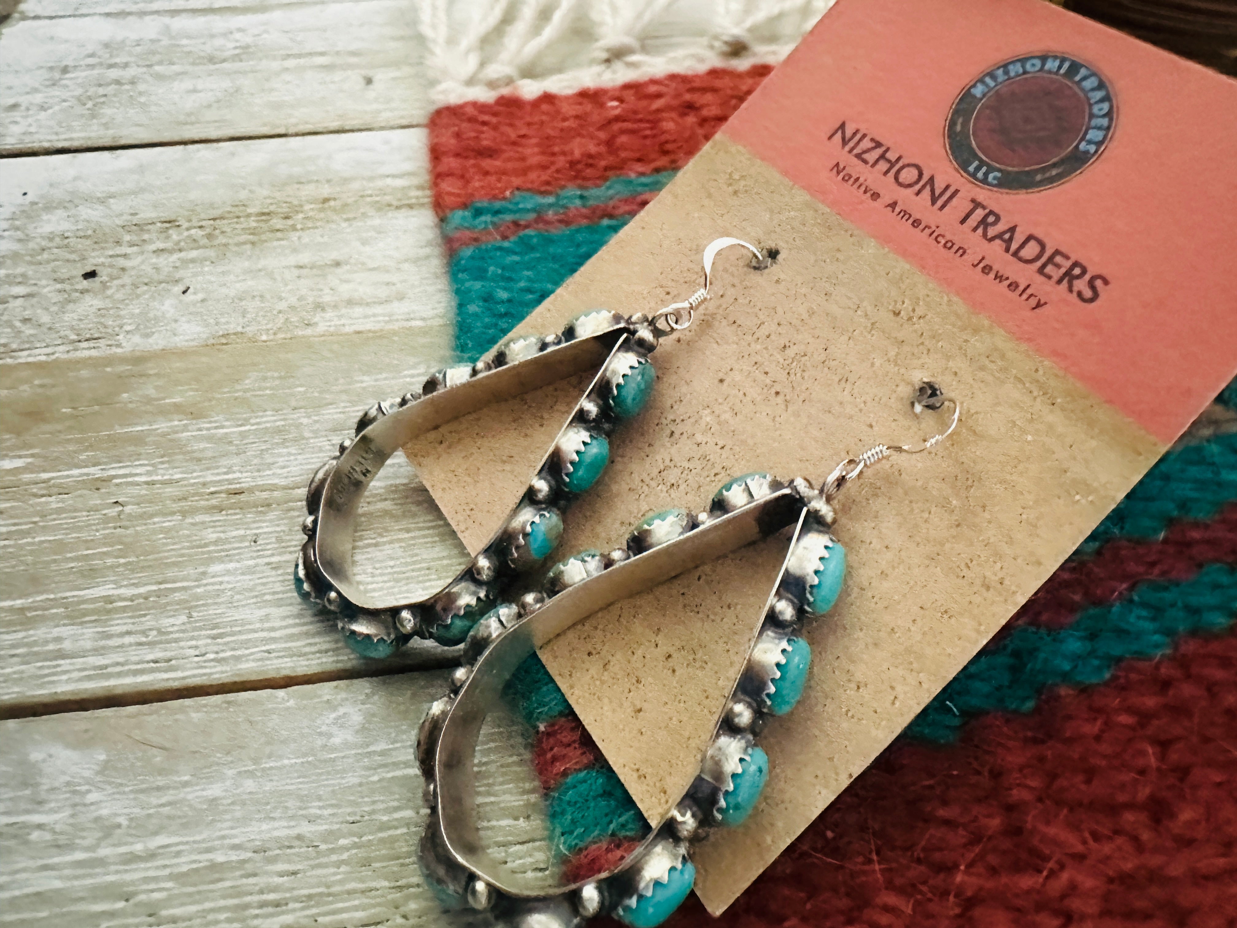Handcrafted Turquoise & Sterling Silver Dangle Hoop Earrings