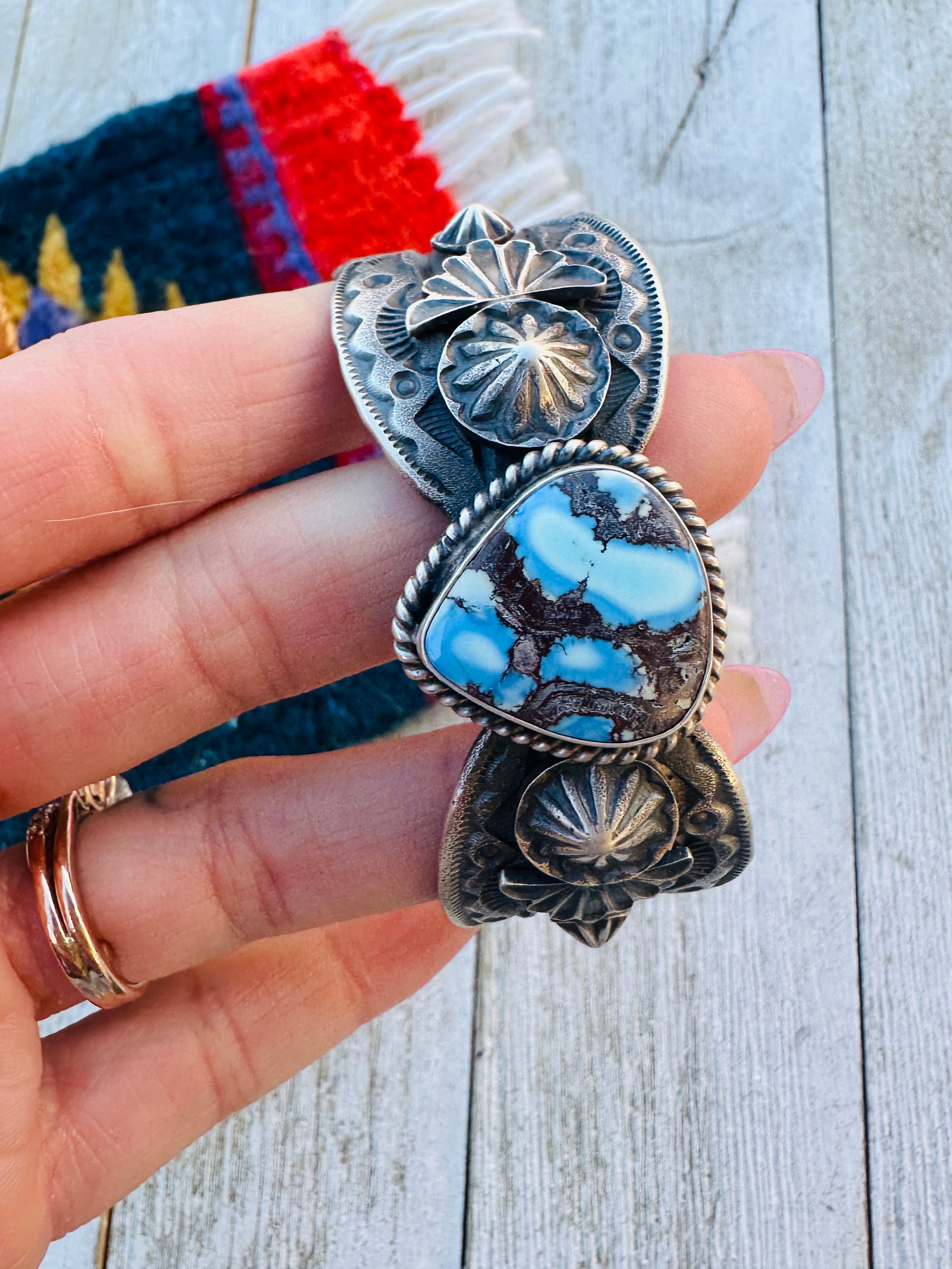 Handcrafted Golden Hills Turquoise & Sterling Silver Cuff Bracelet by Kevin Billah