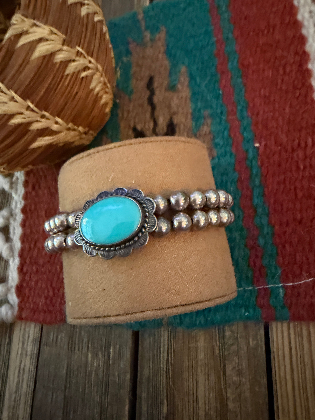 Handcrafted Old Pawn Sterling Silver Pearl & Turquoise Beaded Cuff Bracelet