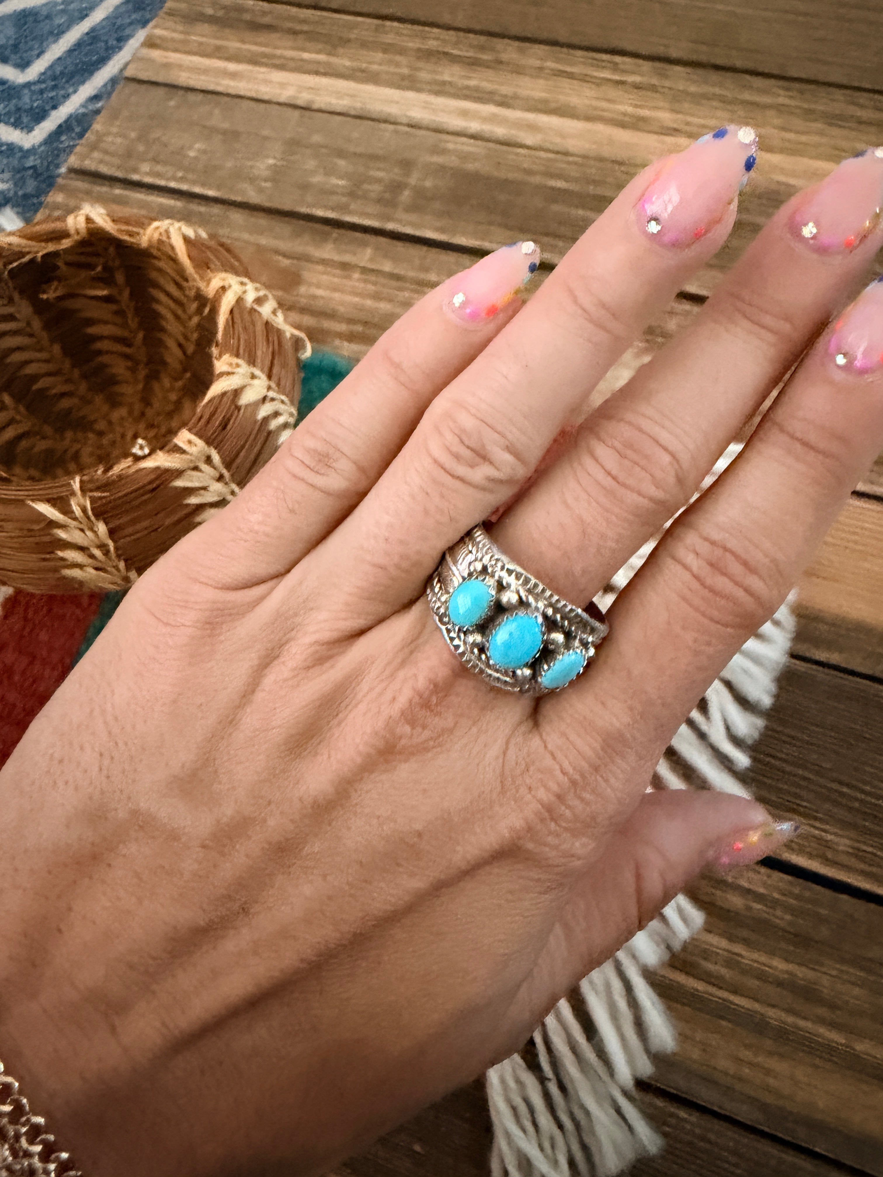 Handcrafted Turquoise & Sterling Silver Band Ring Size 11