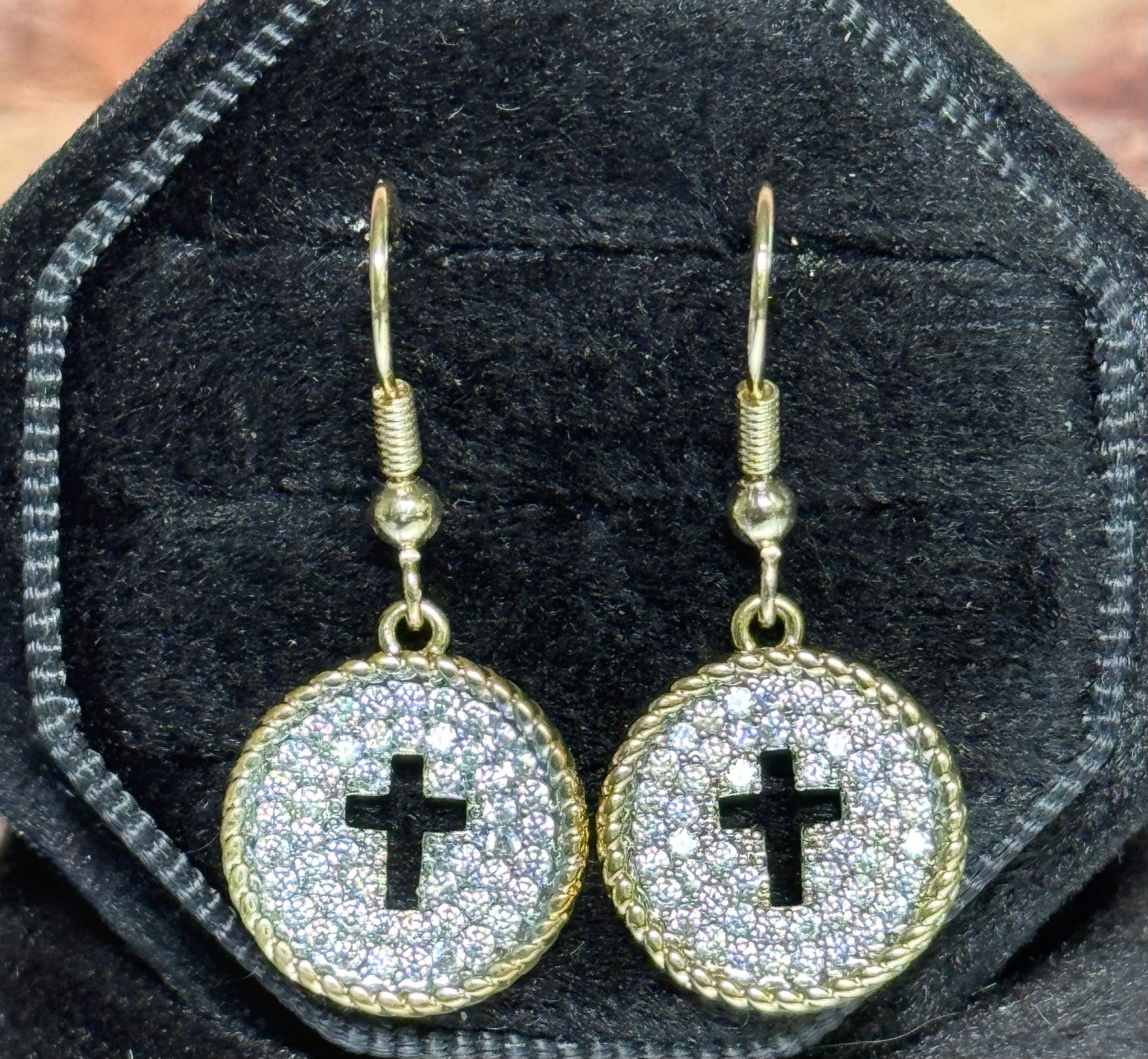 14k Gold Plated CZ Cross Dangle Wire Earrings