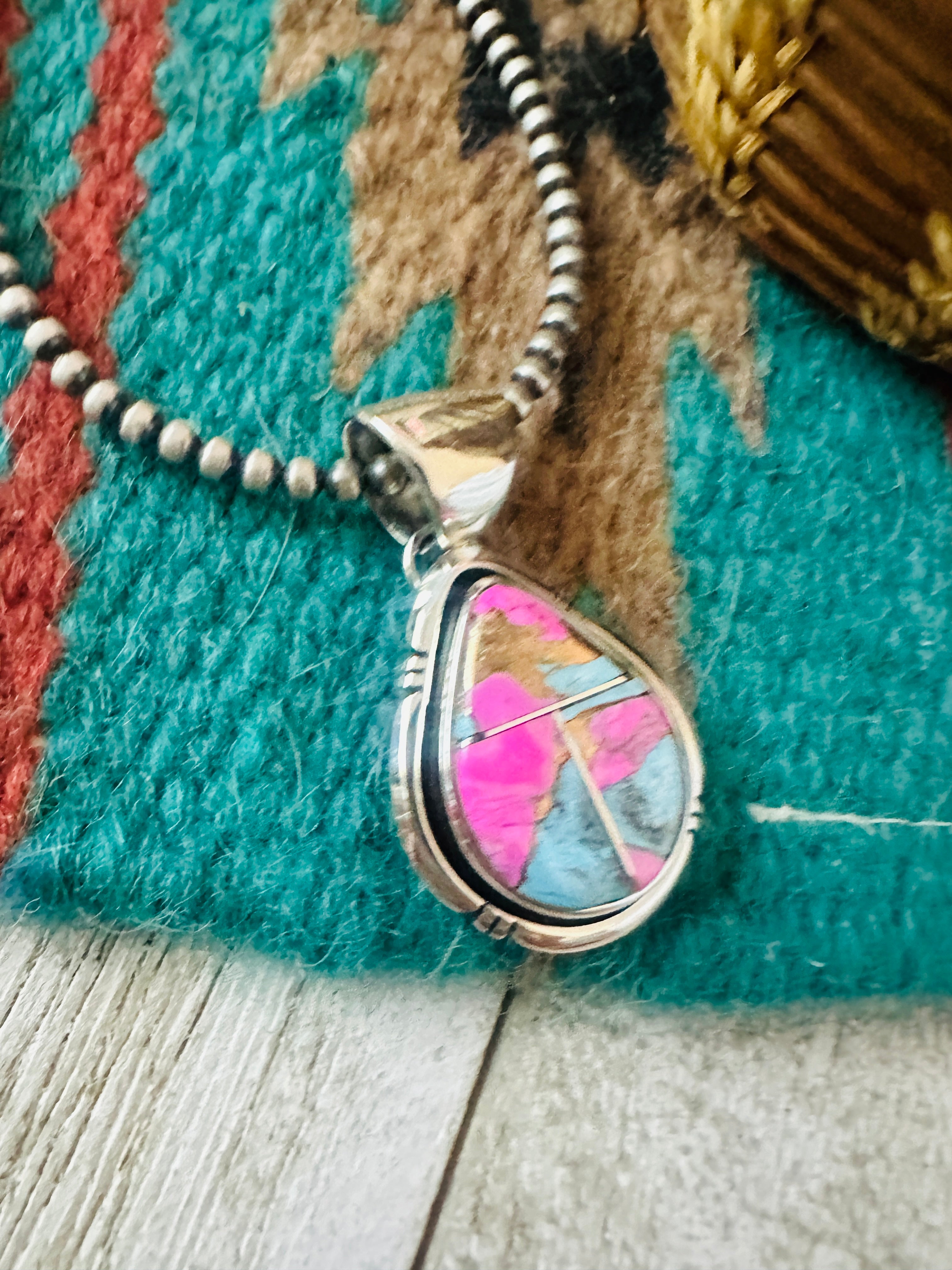 Handcrafted Cotton Candy & Sterling Silver Inlay Teardrop Pendant