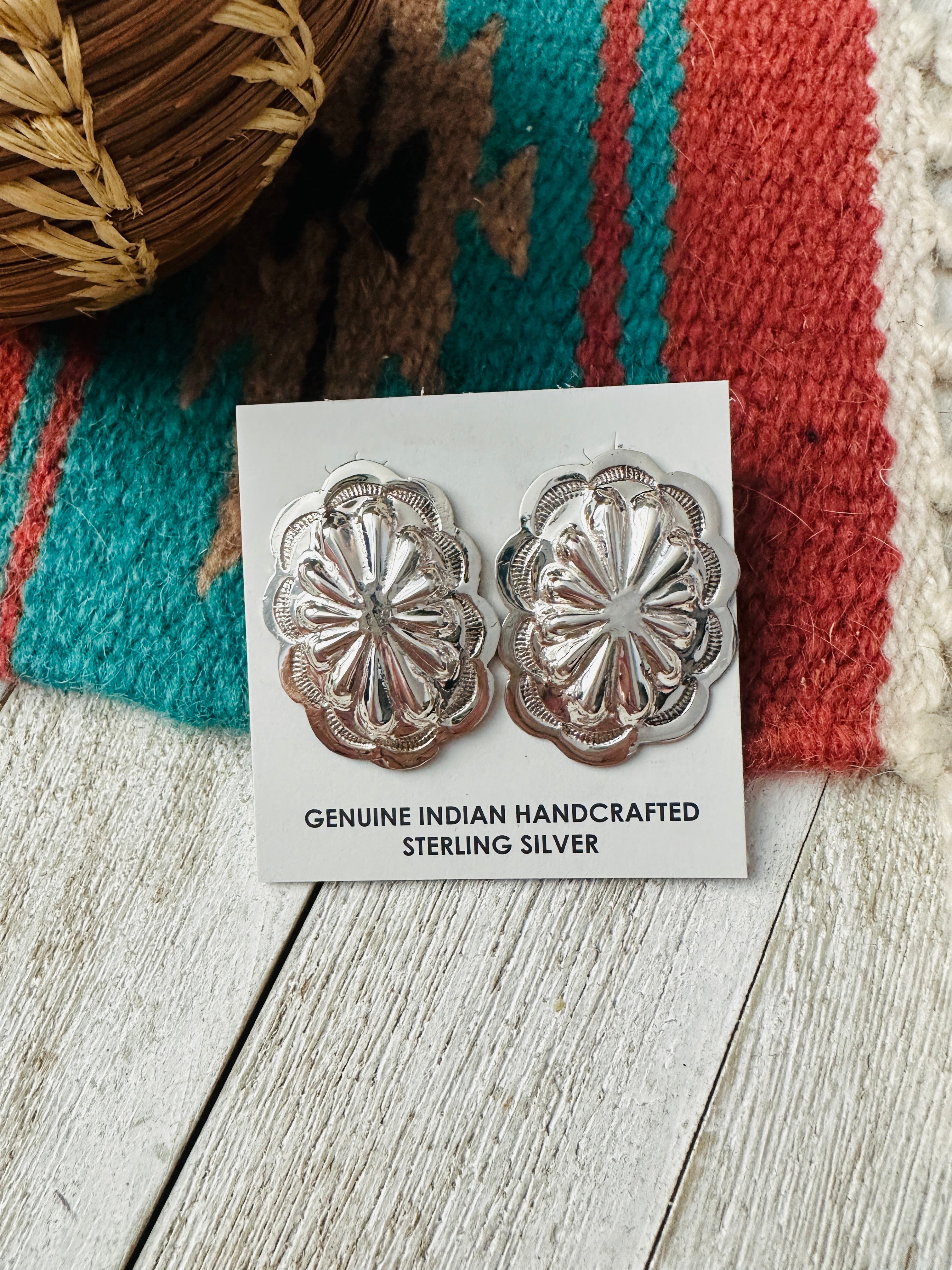 Handcrafted Hand Stamped Sterling Silver Concho Post Earrings