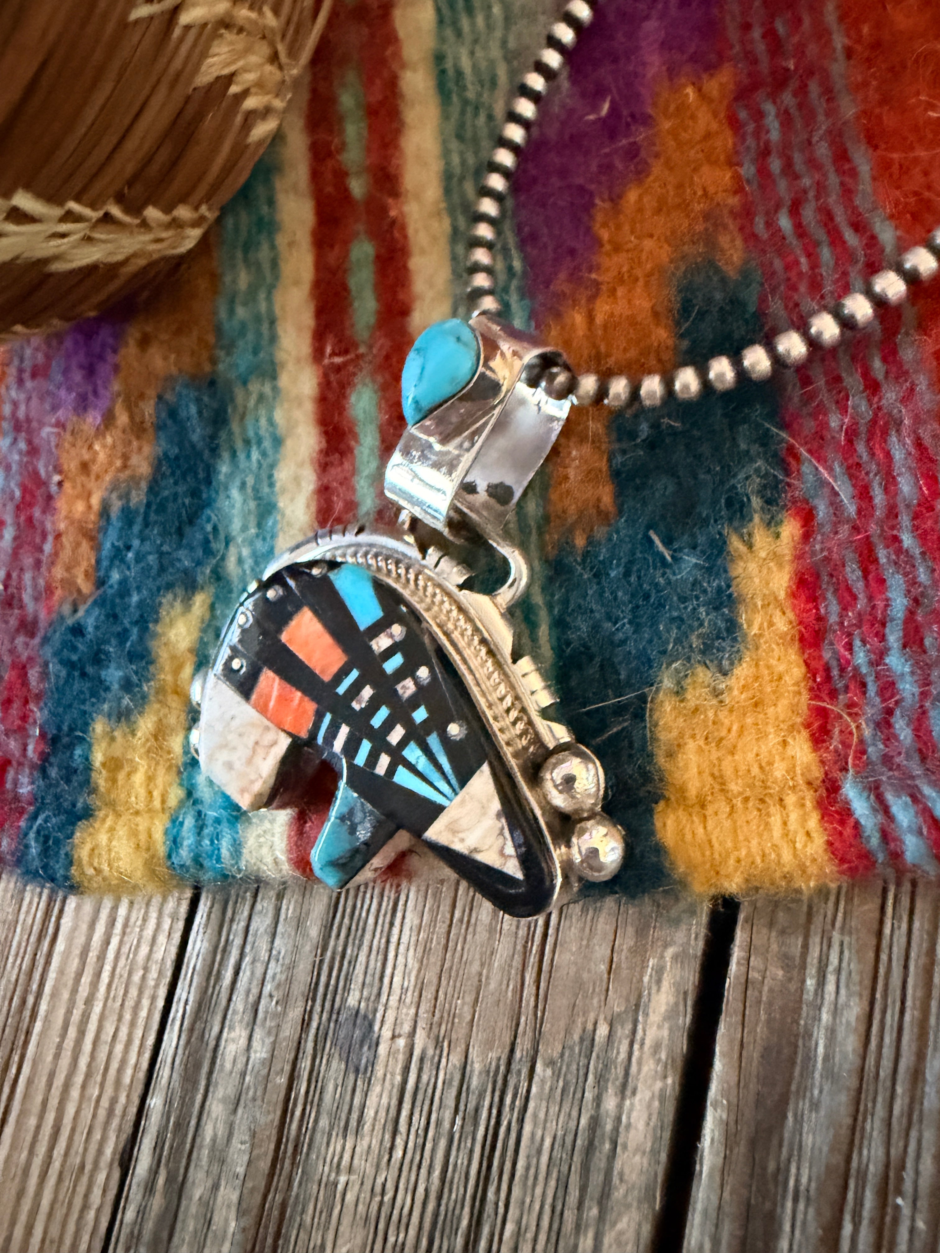 Handcrafted Sterling Silver and Multi Stone Inlay Bear Pendant by Ray Jack