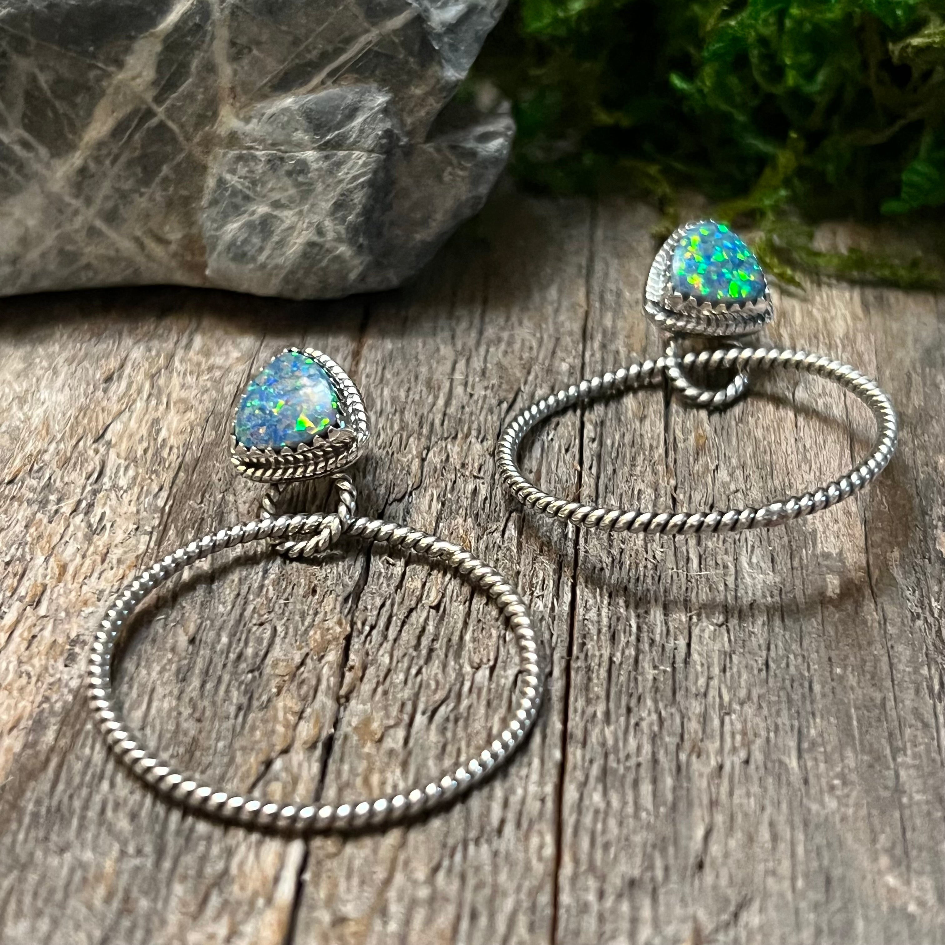 Handmade Blue Speckled Opal Sterling Silver Hoop Earrings