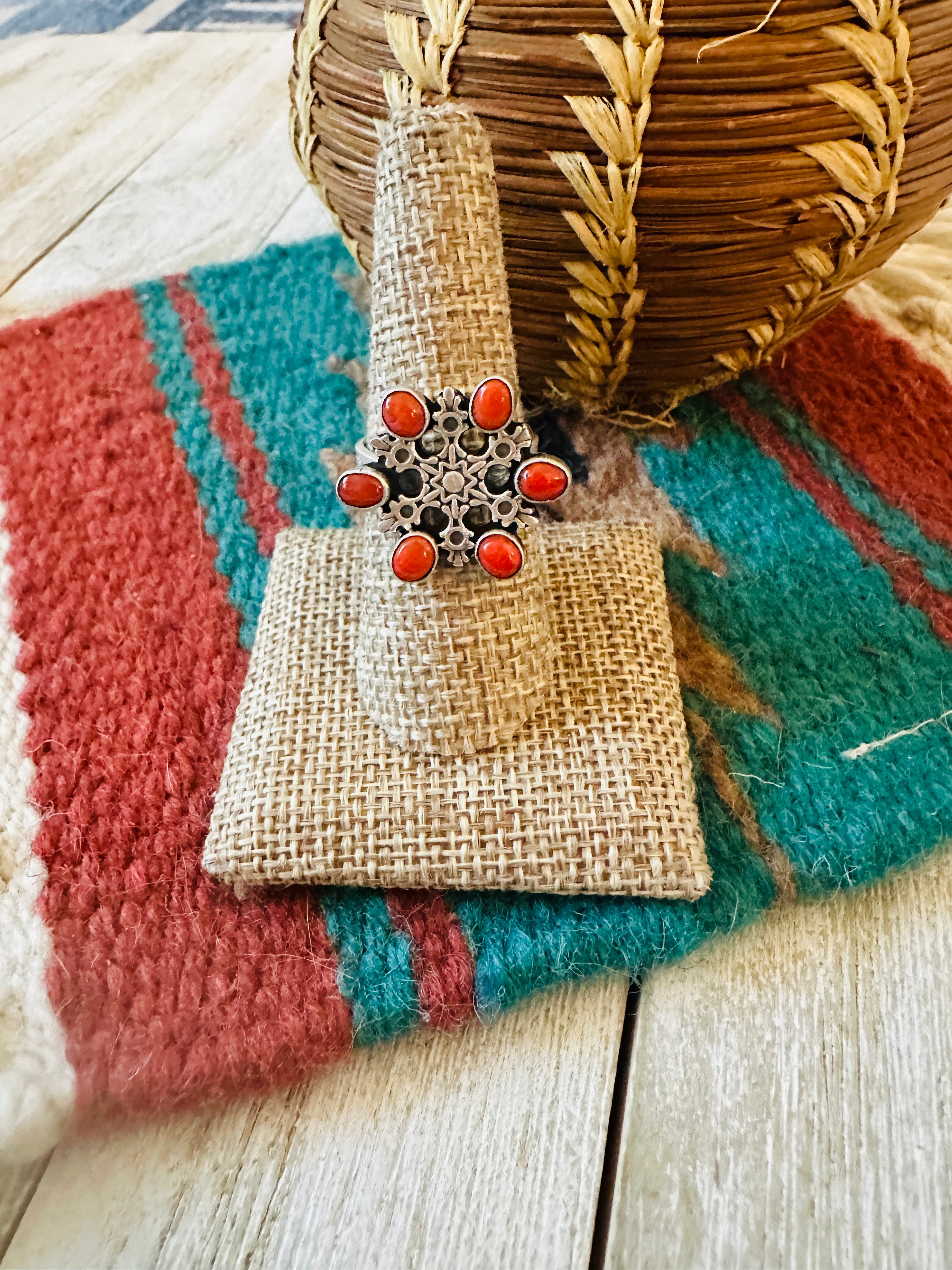 ** Christmas Collection ** Handmade Sterling Silver & Coral Adjustable Snowflake Ring Signed Nizhoni