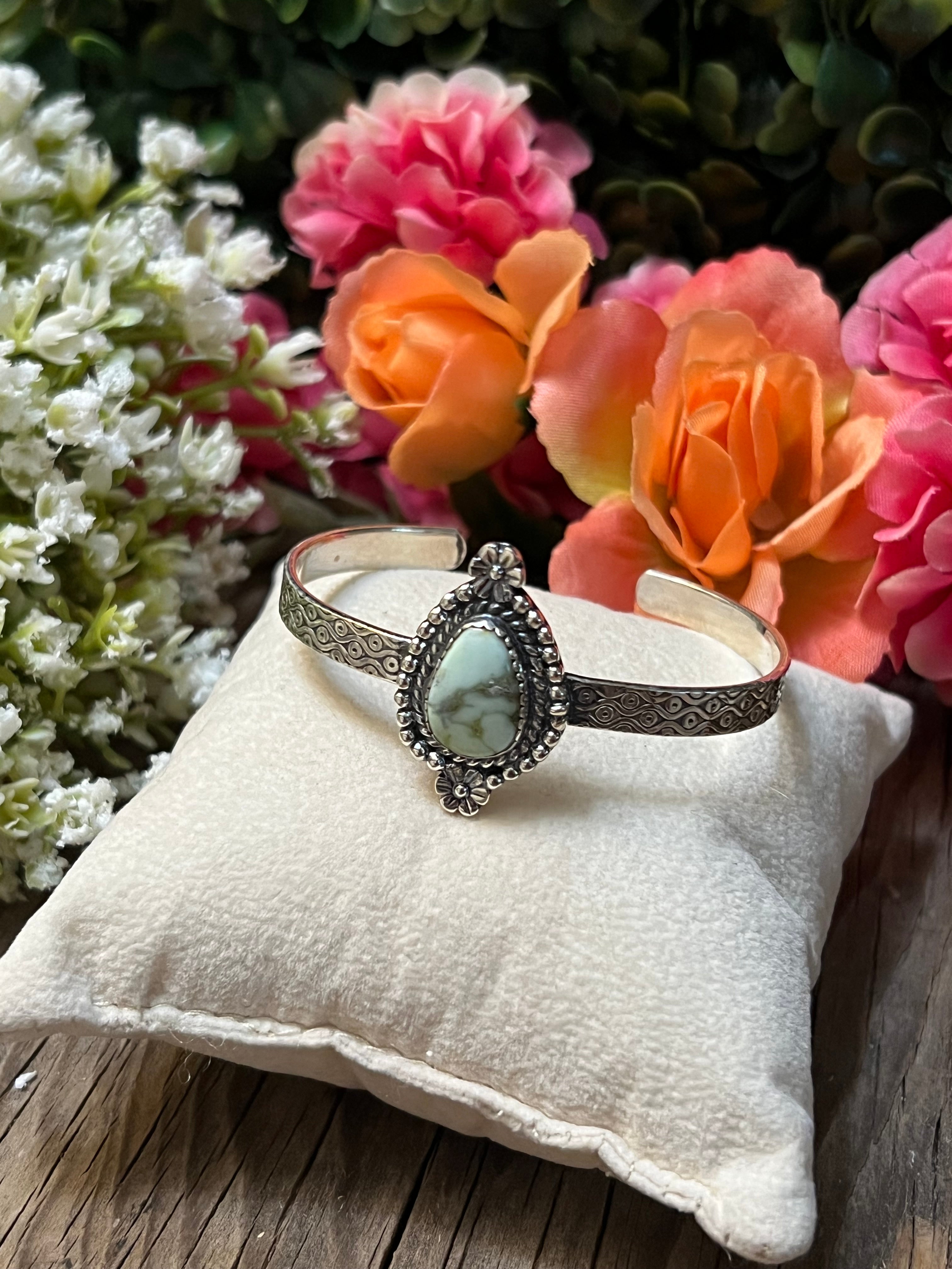 Handmade Etched Sterling Silver Palomino Turquoise Tear Drop Handcuff Bracelet