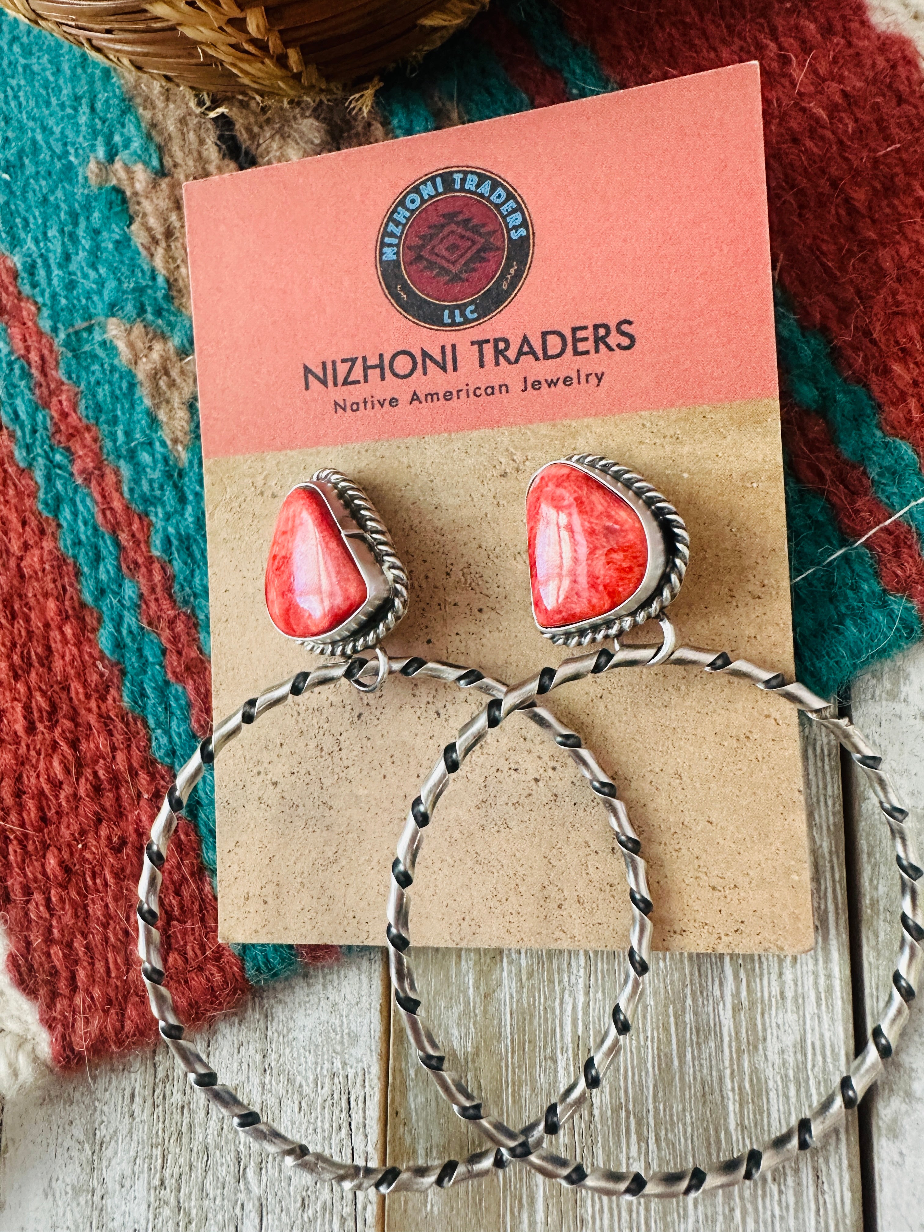 Navajo Orange Spiny and Sterling Silver Dangle Hoop Earrings