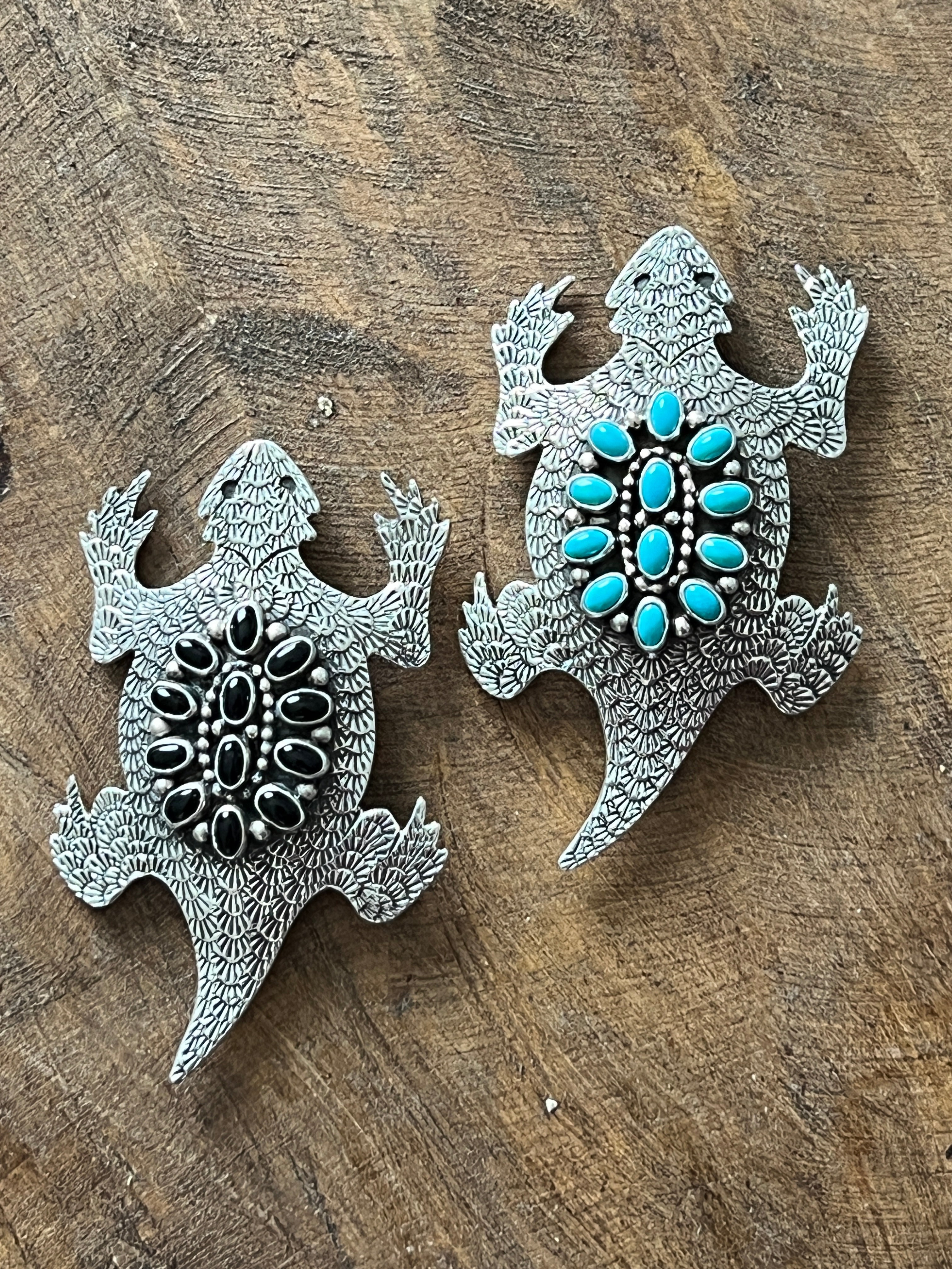 Handcrafted Sterling Silver and Stone Horned Toad Pin and Pendant by Lee Charley, Turquoise or Onyx