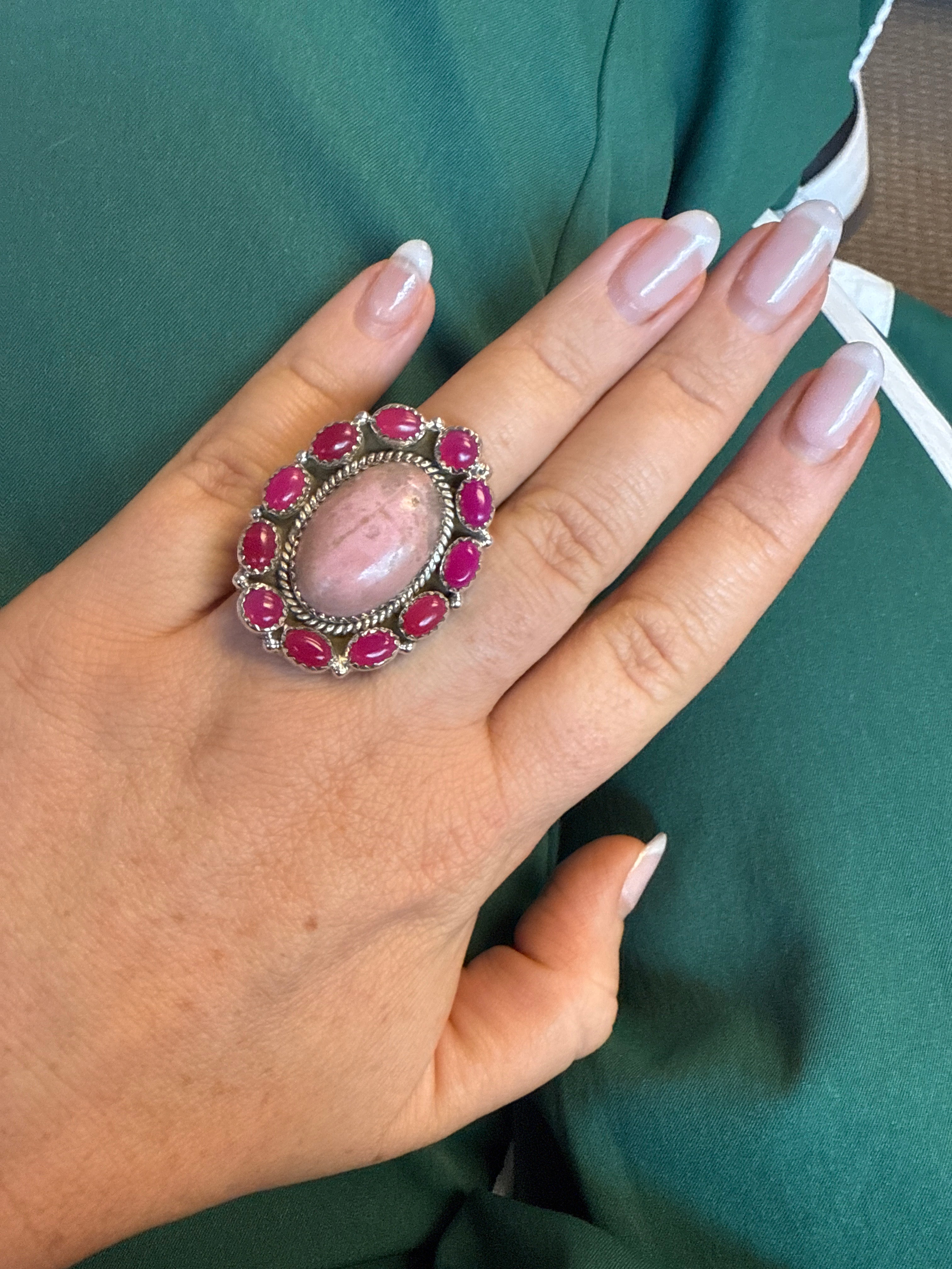 Handmade Adjustable Patalite, Pink Onyx & Sterling Silver Ring