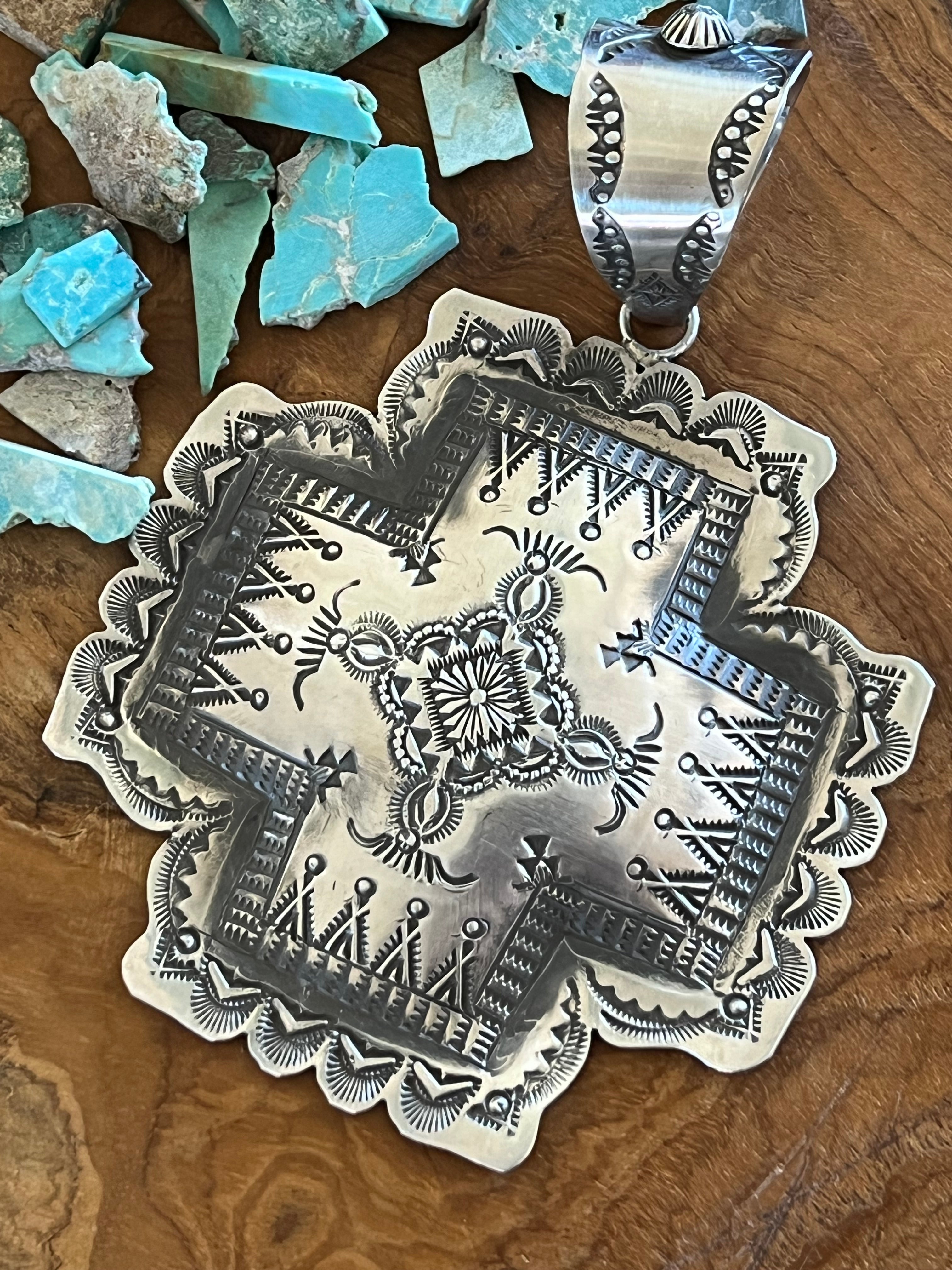 Handcrafted Hand Stamped Sterling Silver Santa Fe Cross Pendant by Victor Platero