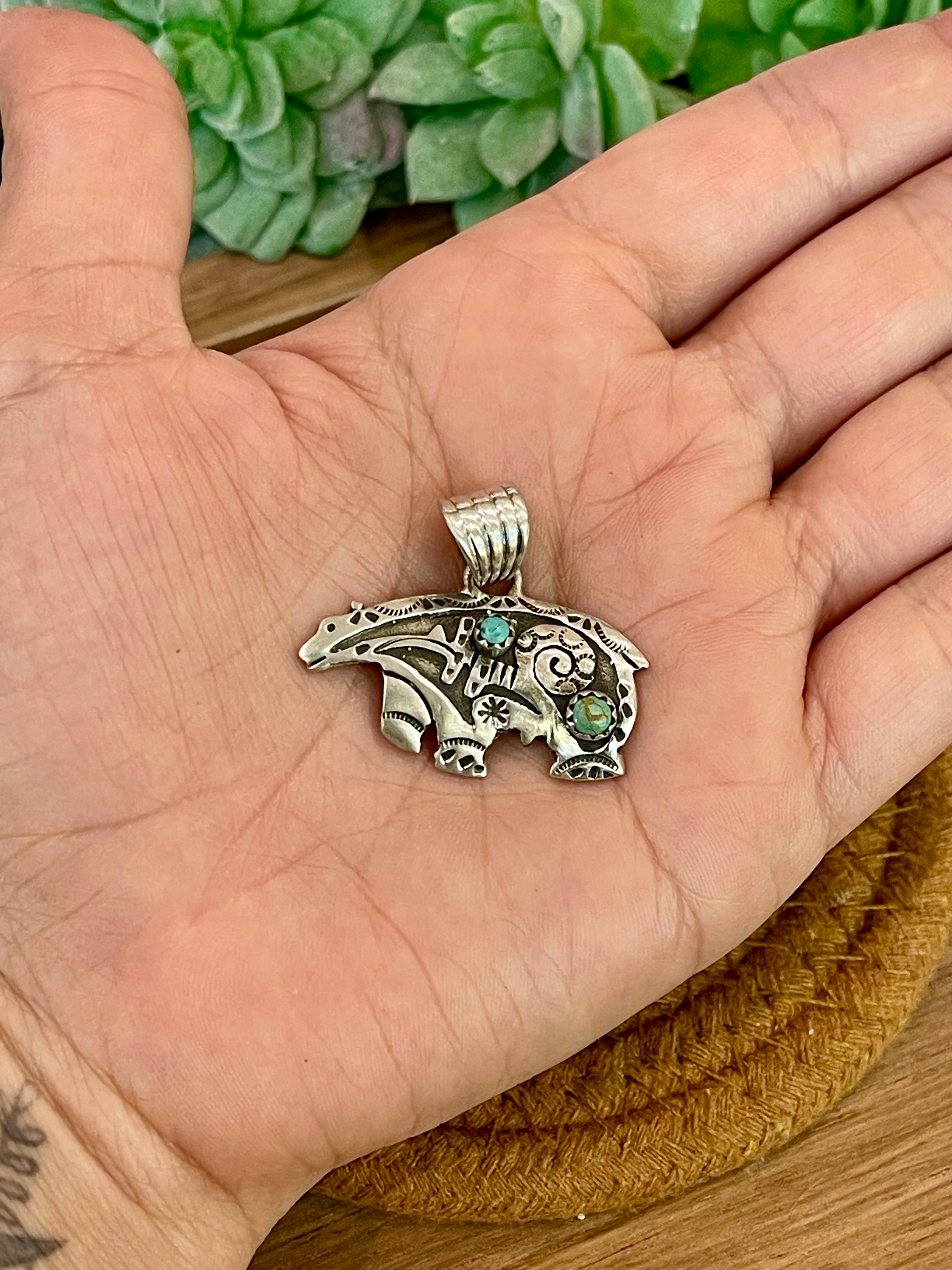 Handmade Sterling Silver & Turquoise Hand Stamped Bear Pendant with Signed Nizhoni