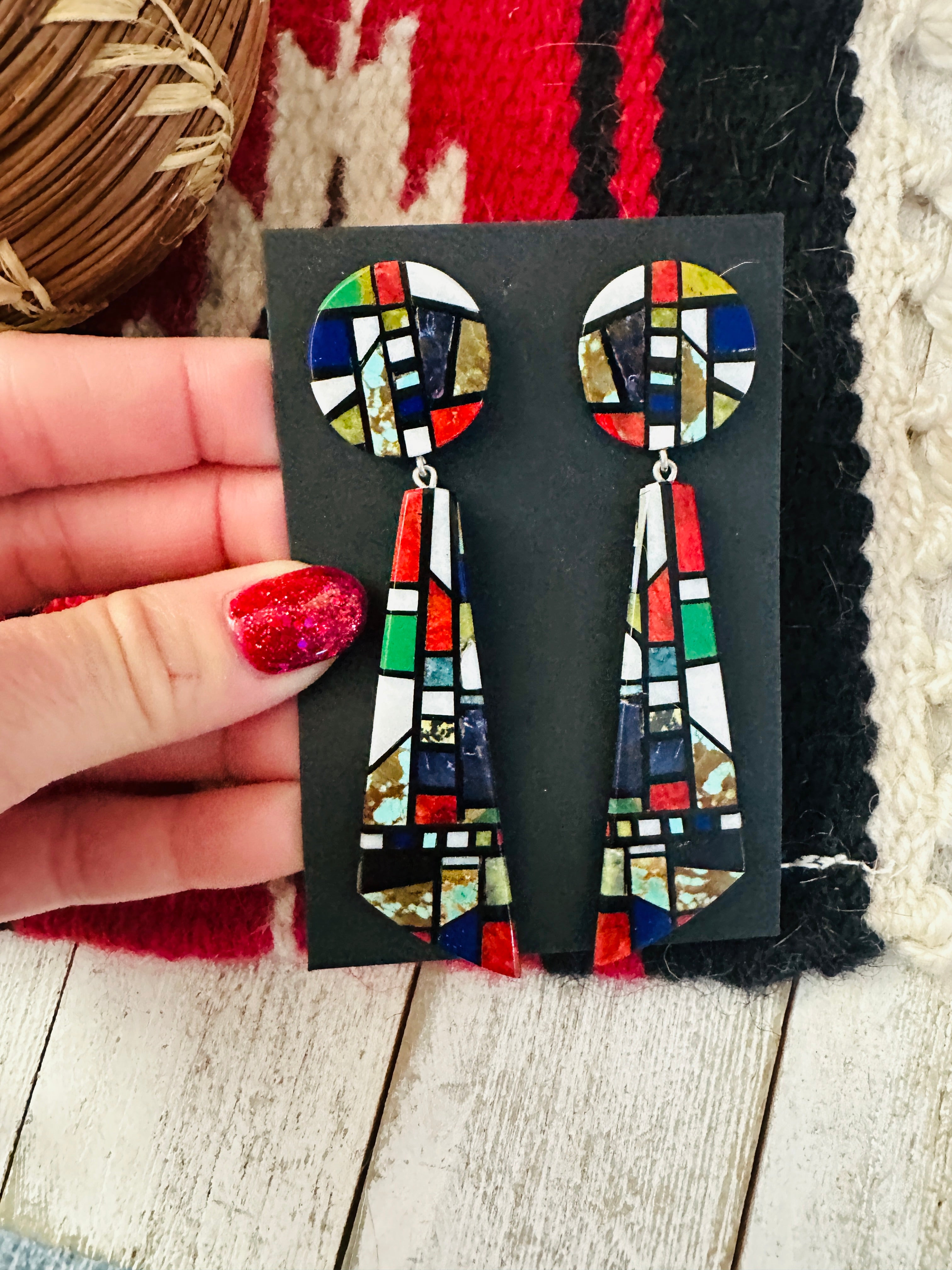 Handcrafted Multi Stone Inlay Dangle Earrings
